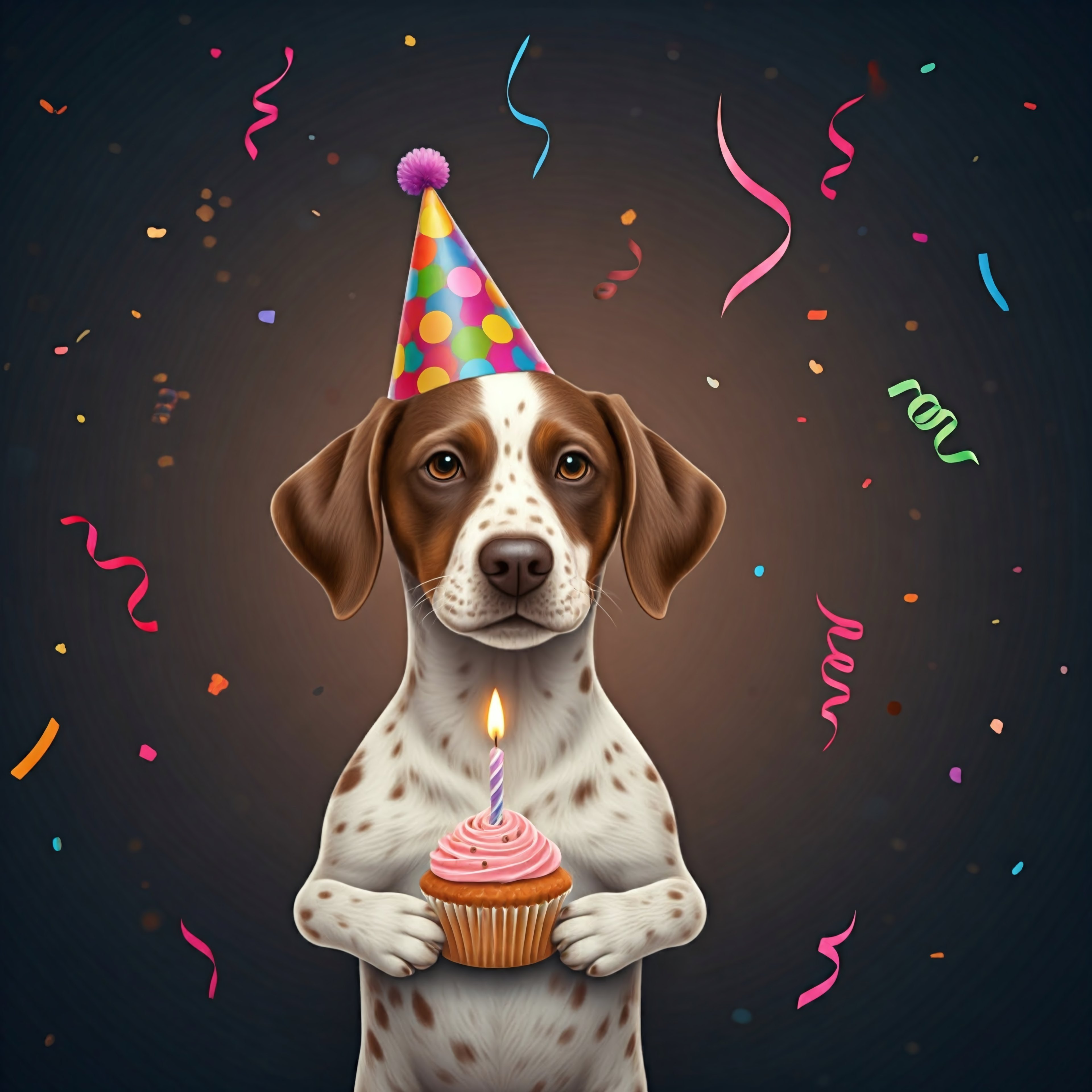 Dog wearing a party hat holding a birthday cupcake