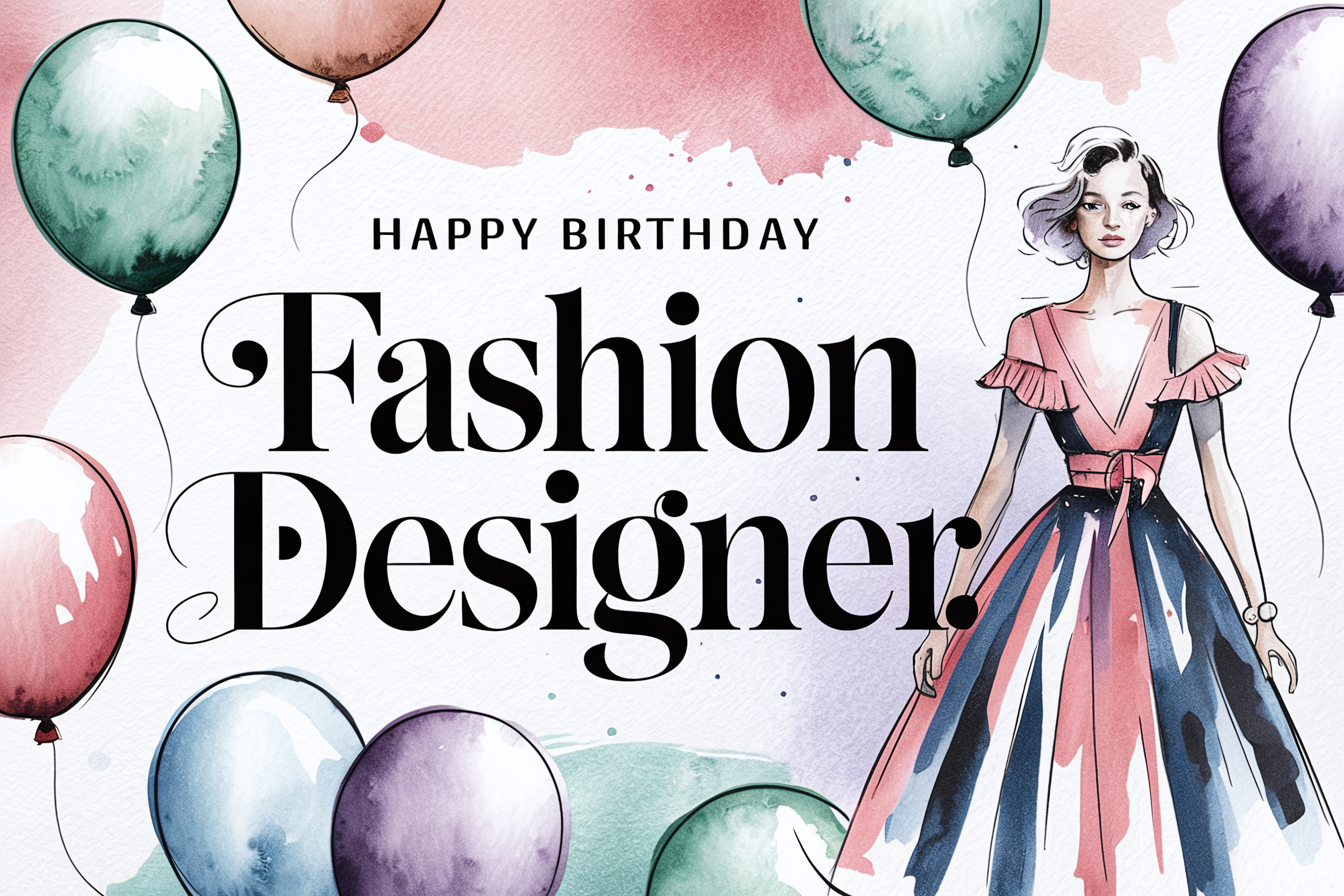 Watercolor Fashion Designer Birthday Card with Balloons