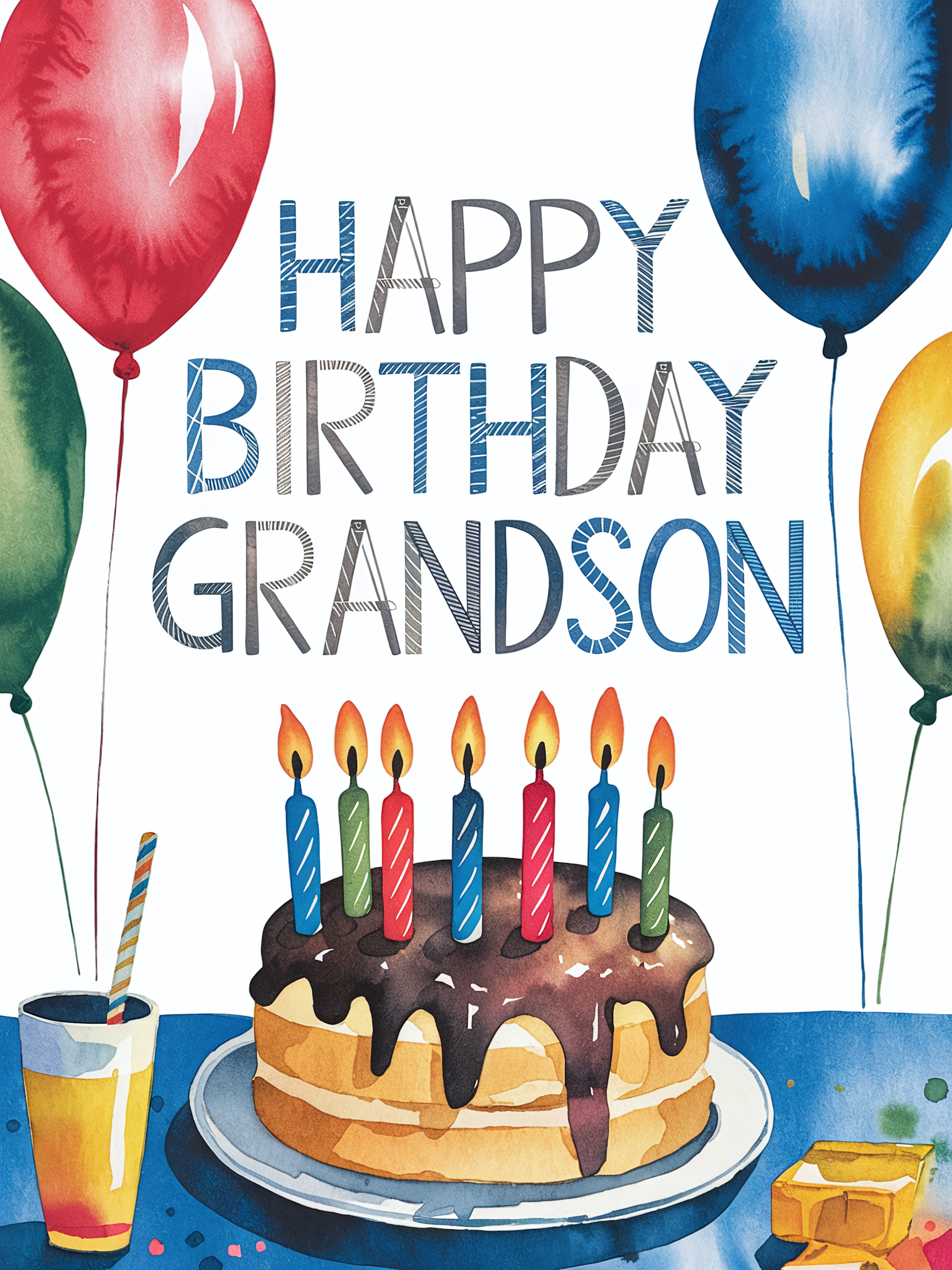 Watercolor Happy Birthday Grandson Card