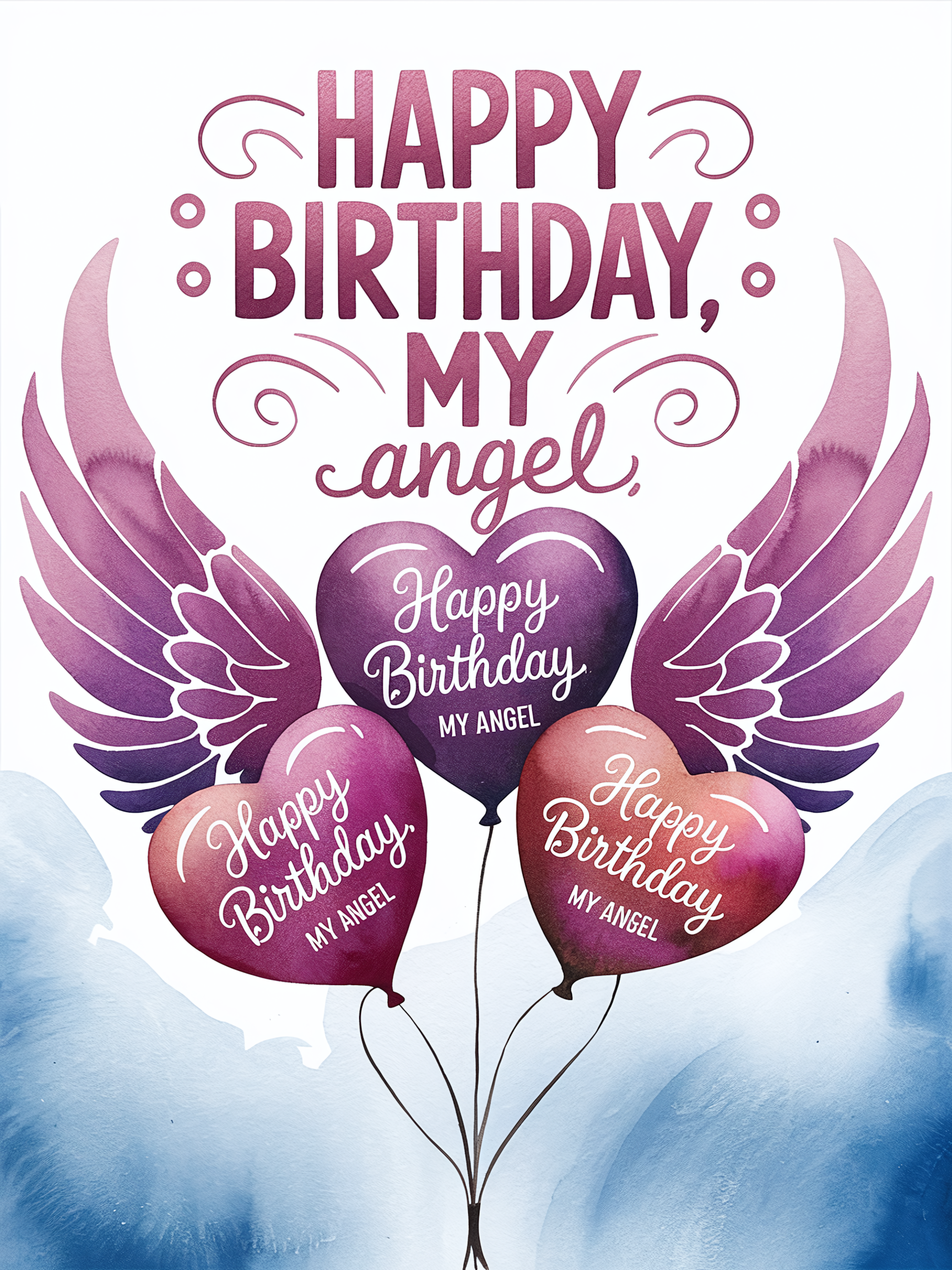 Watercolor Angel Wings Happy Birthday Balloons Greeting Card