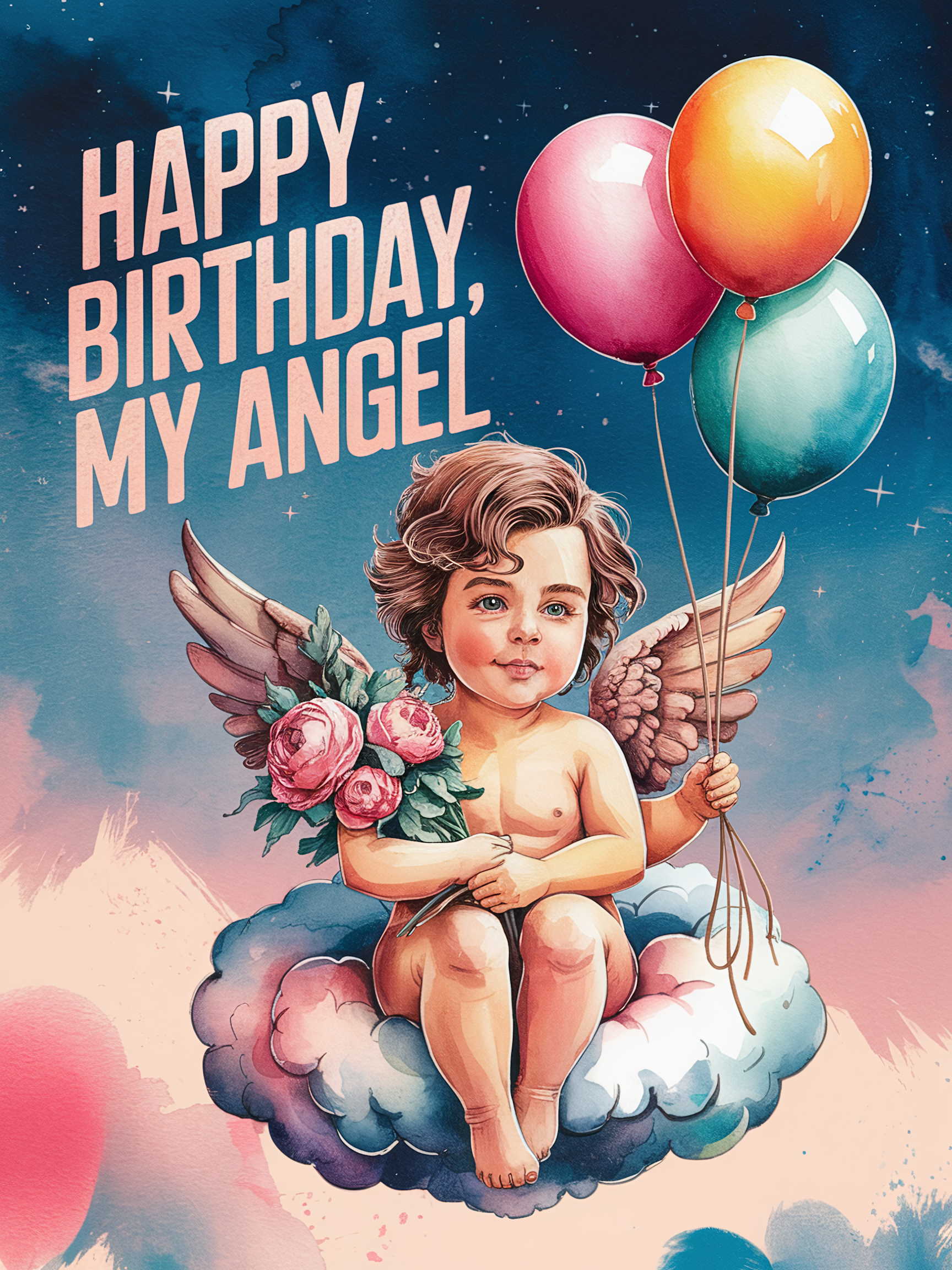 Watercolor Illustration of Angel on Cloud