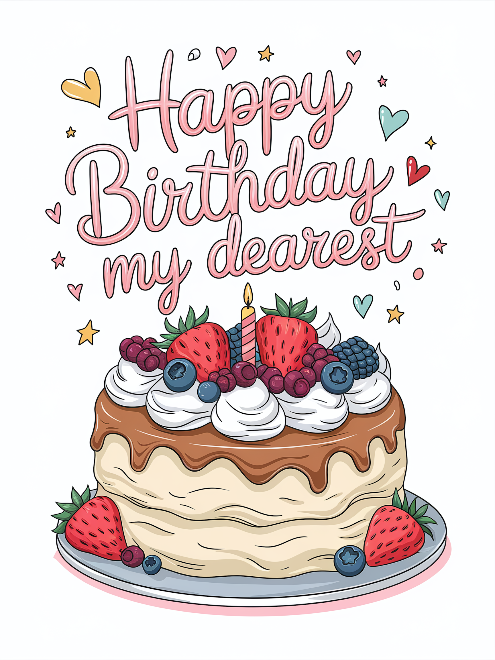 Happy Birthday Cake With Berries And Candle