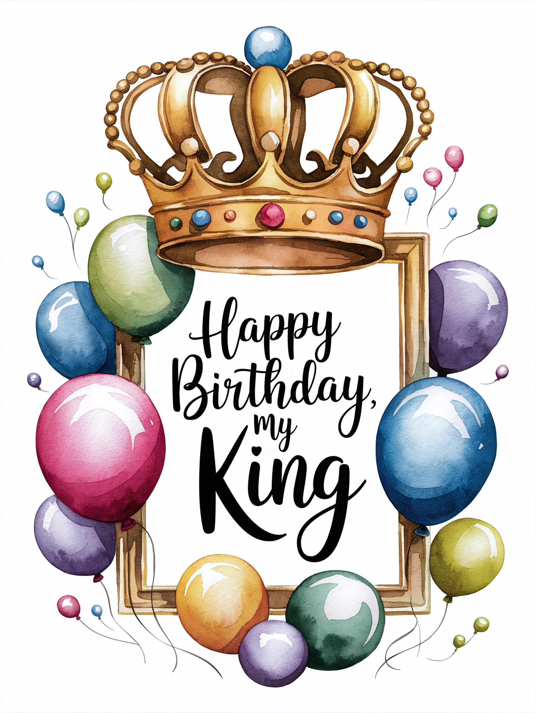 Watercolor Happy Birthday King Frame with Crown and Balloons