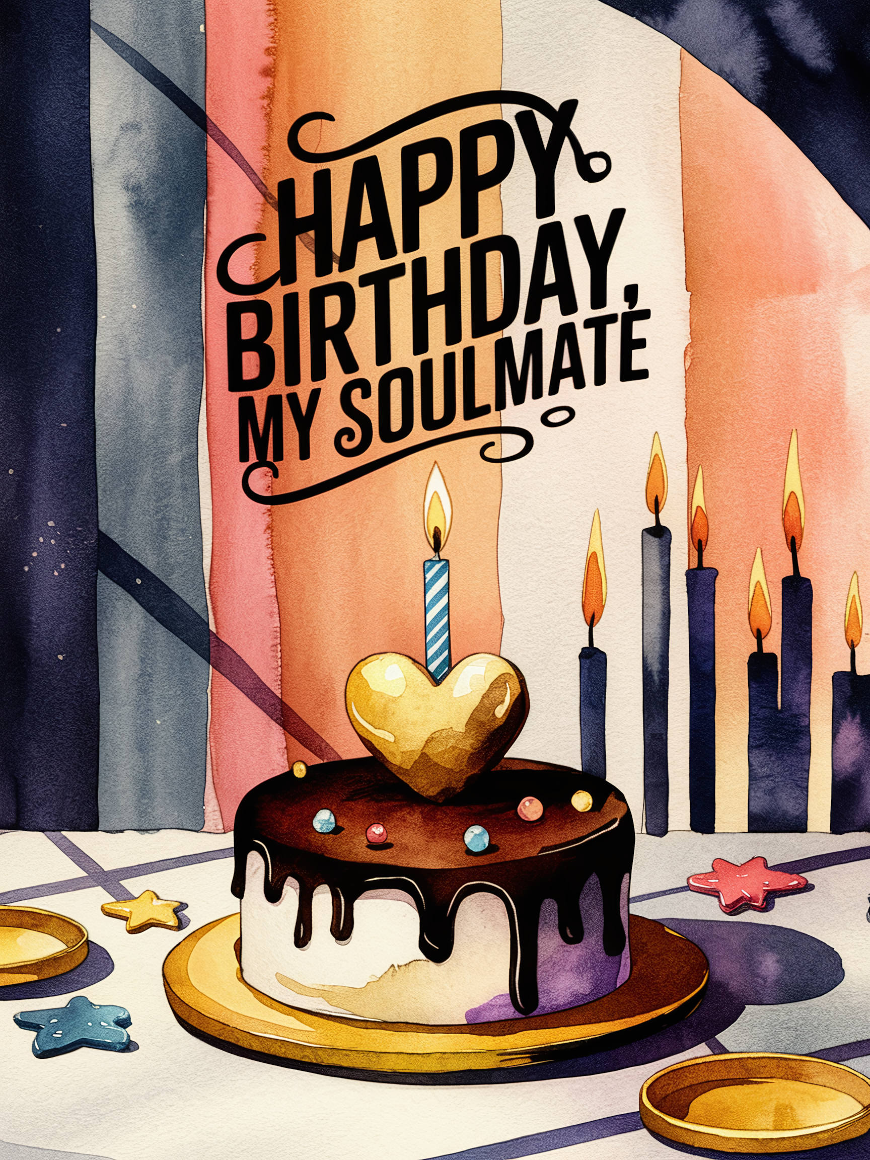 Watercolor Birthday Card with Cake and Soulmate Message