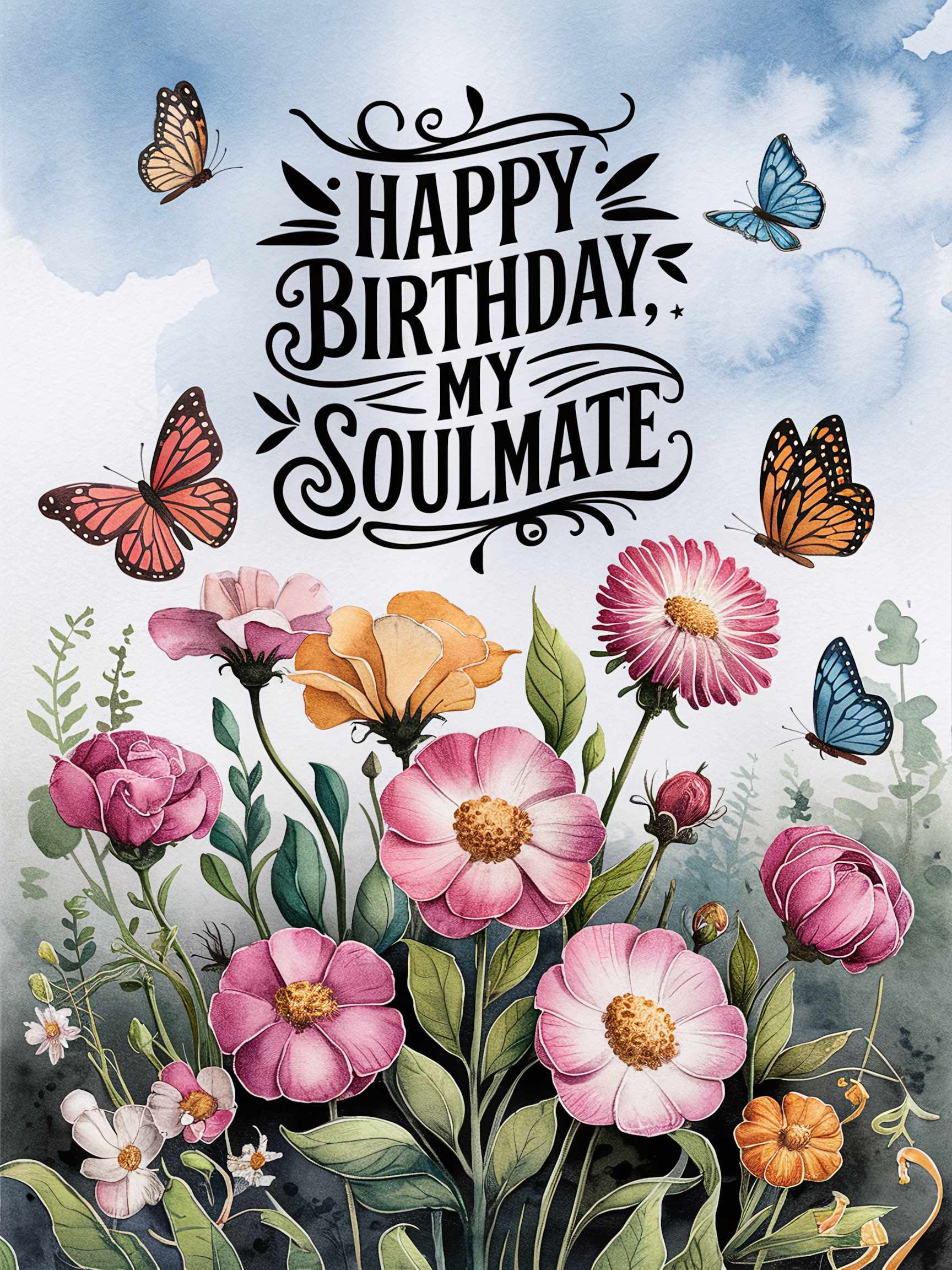 Happy Birthday My Soulmate Floral Watercolor Card