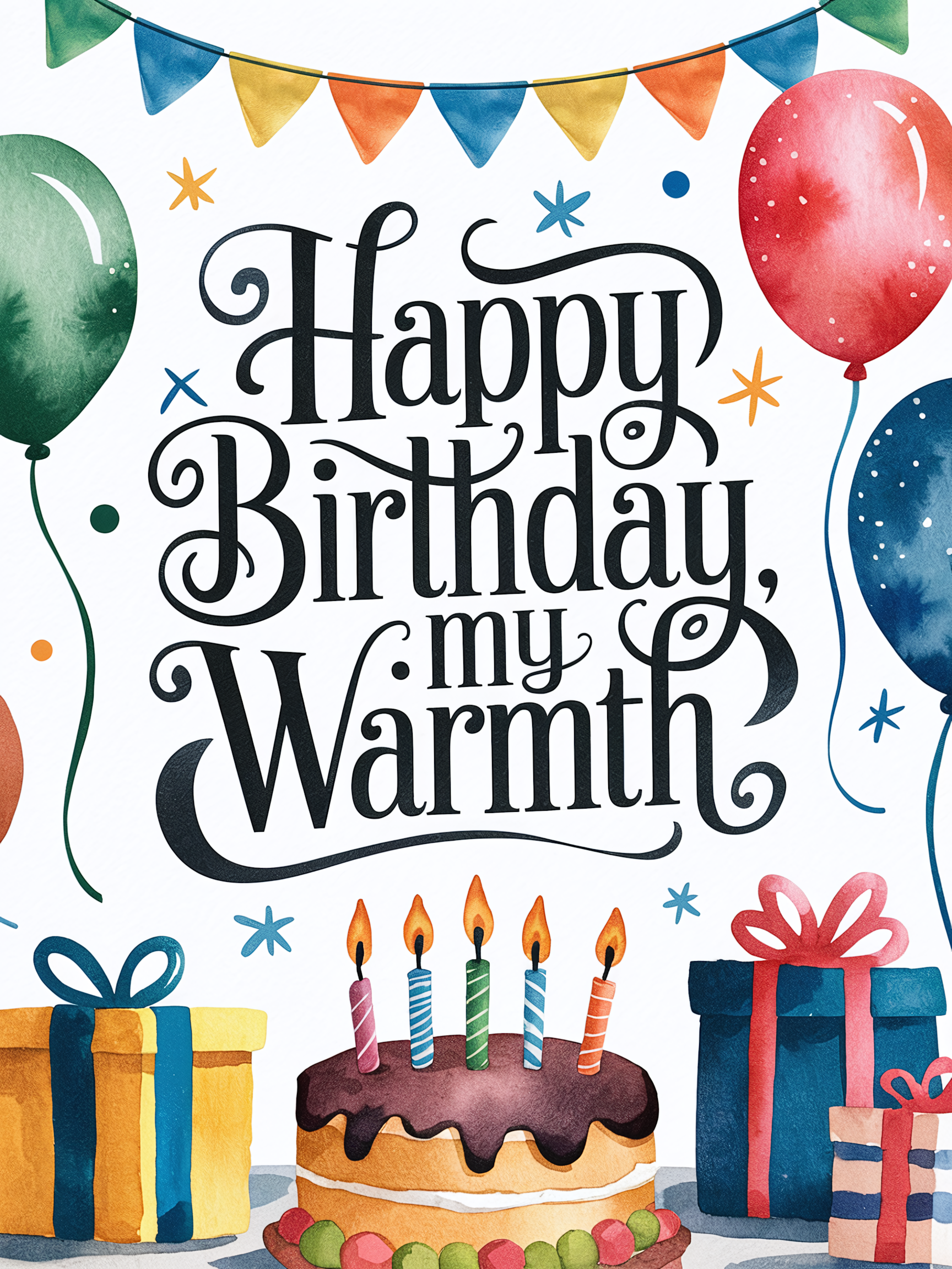 Watercolor Birthday Card With Cake Presents And Balloons