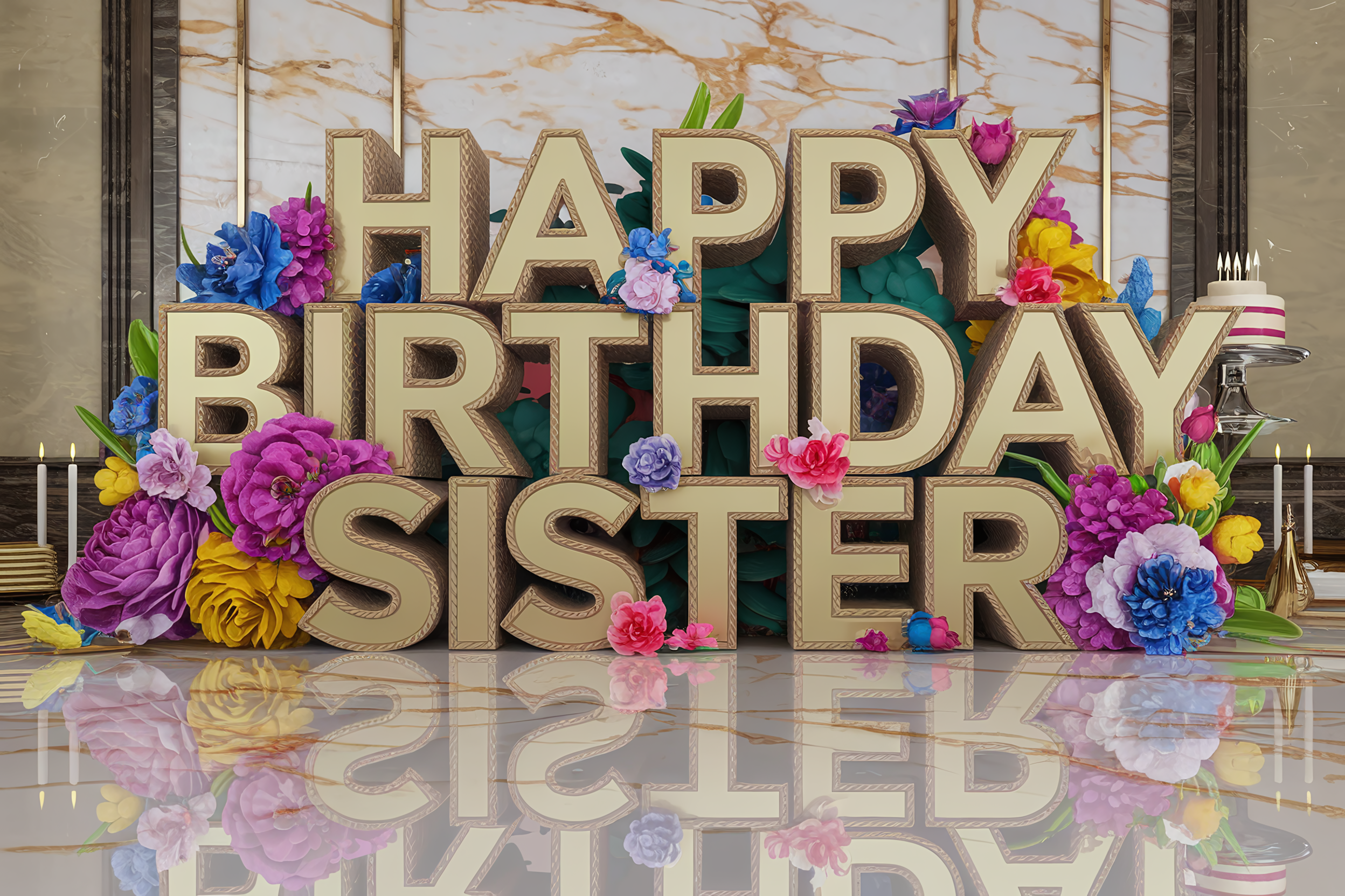 Happy Birthday Sister 3D Letters with Flowers and Cake