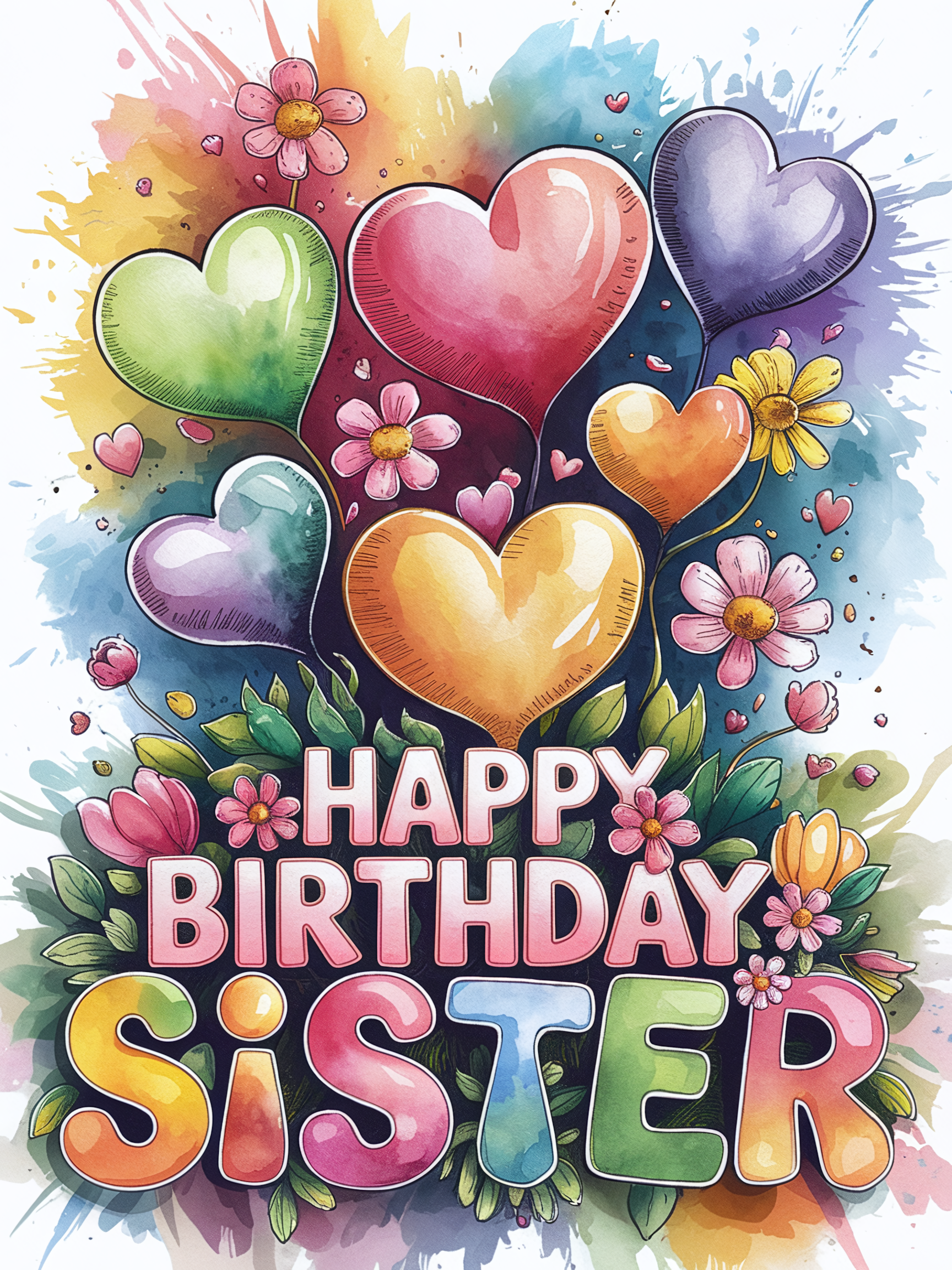 Happy Birthday Sister Watercolor Illustration