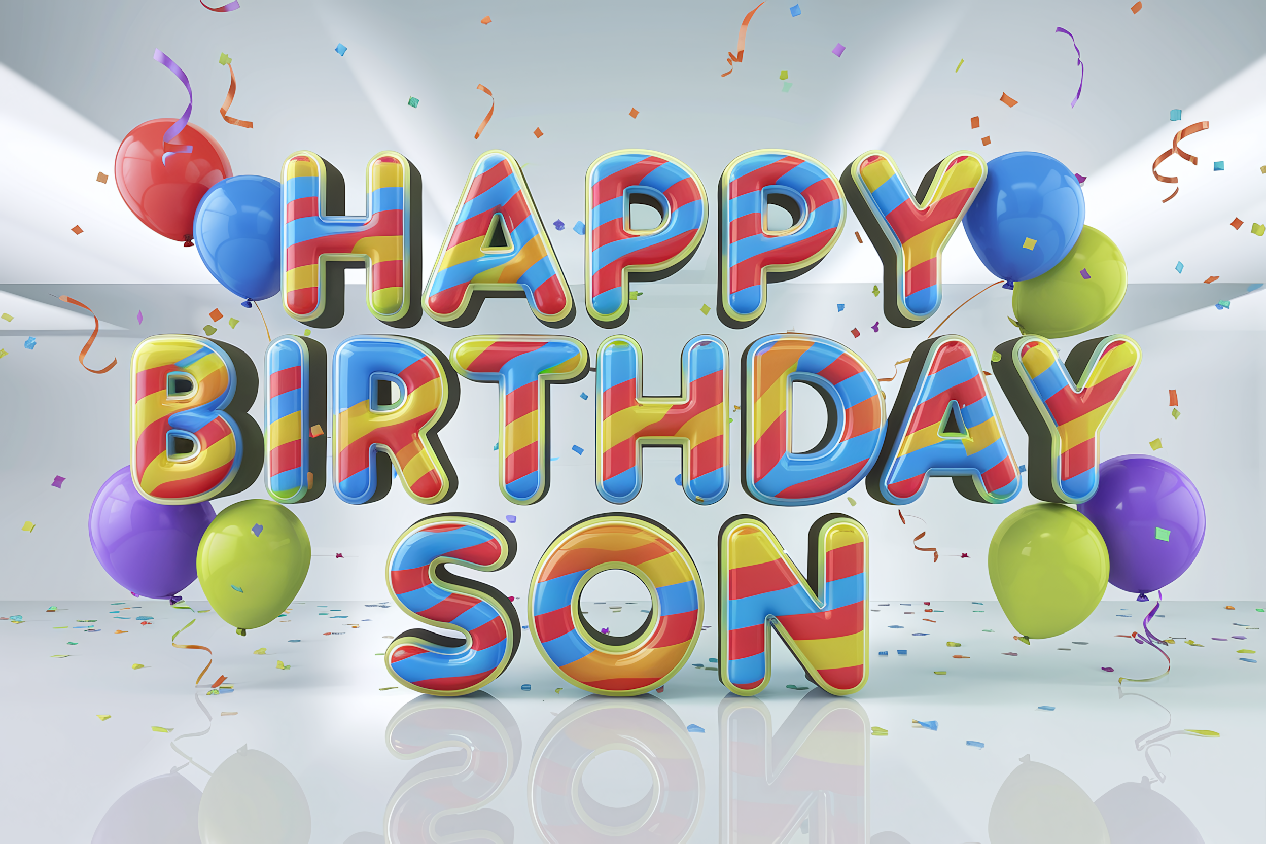 3D Render of Happy Birthday Son with Balloons and Confetti
