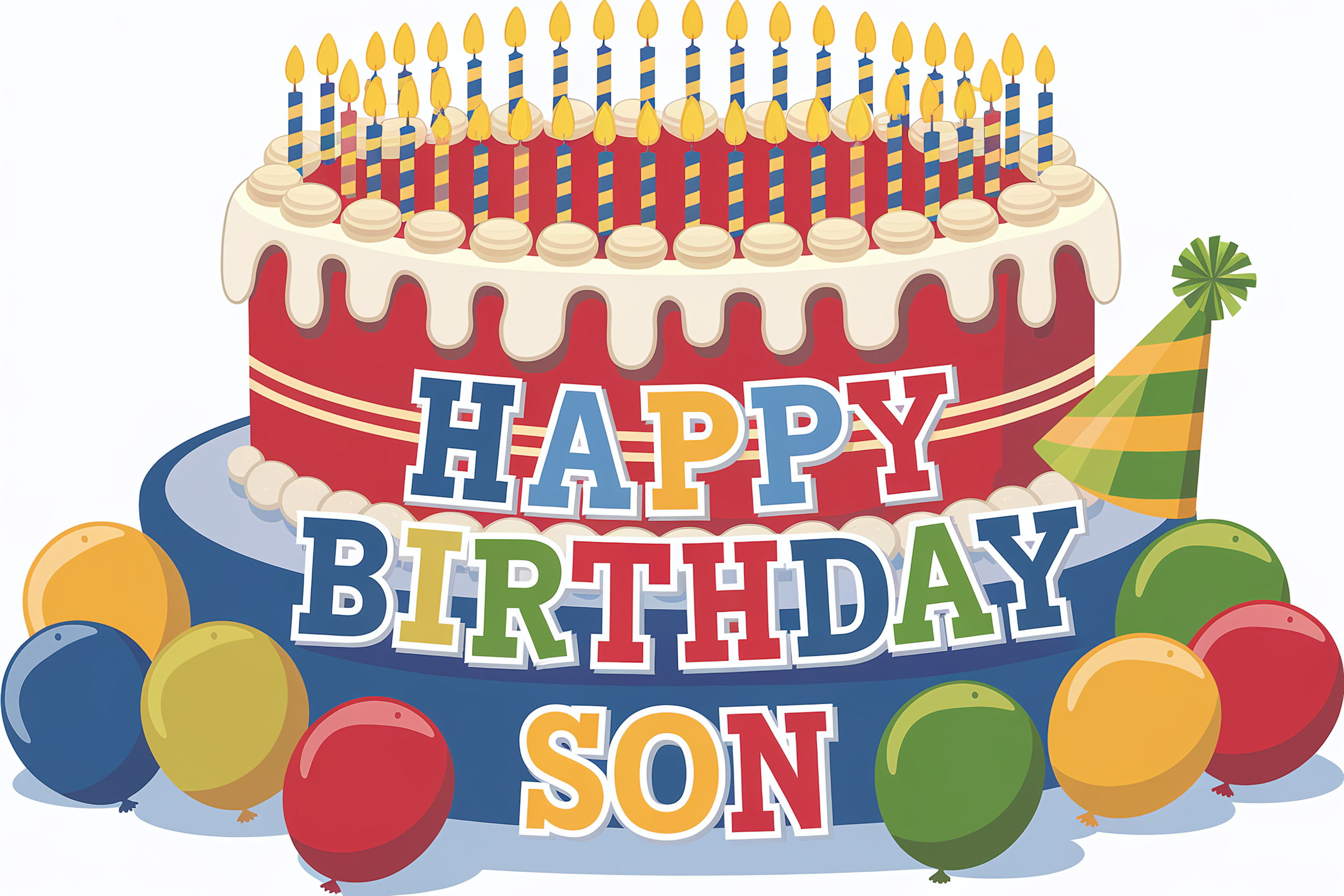 Happy Birthday Son Cake With Balloons And Party Hat