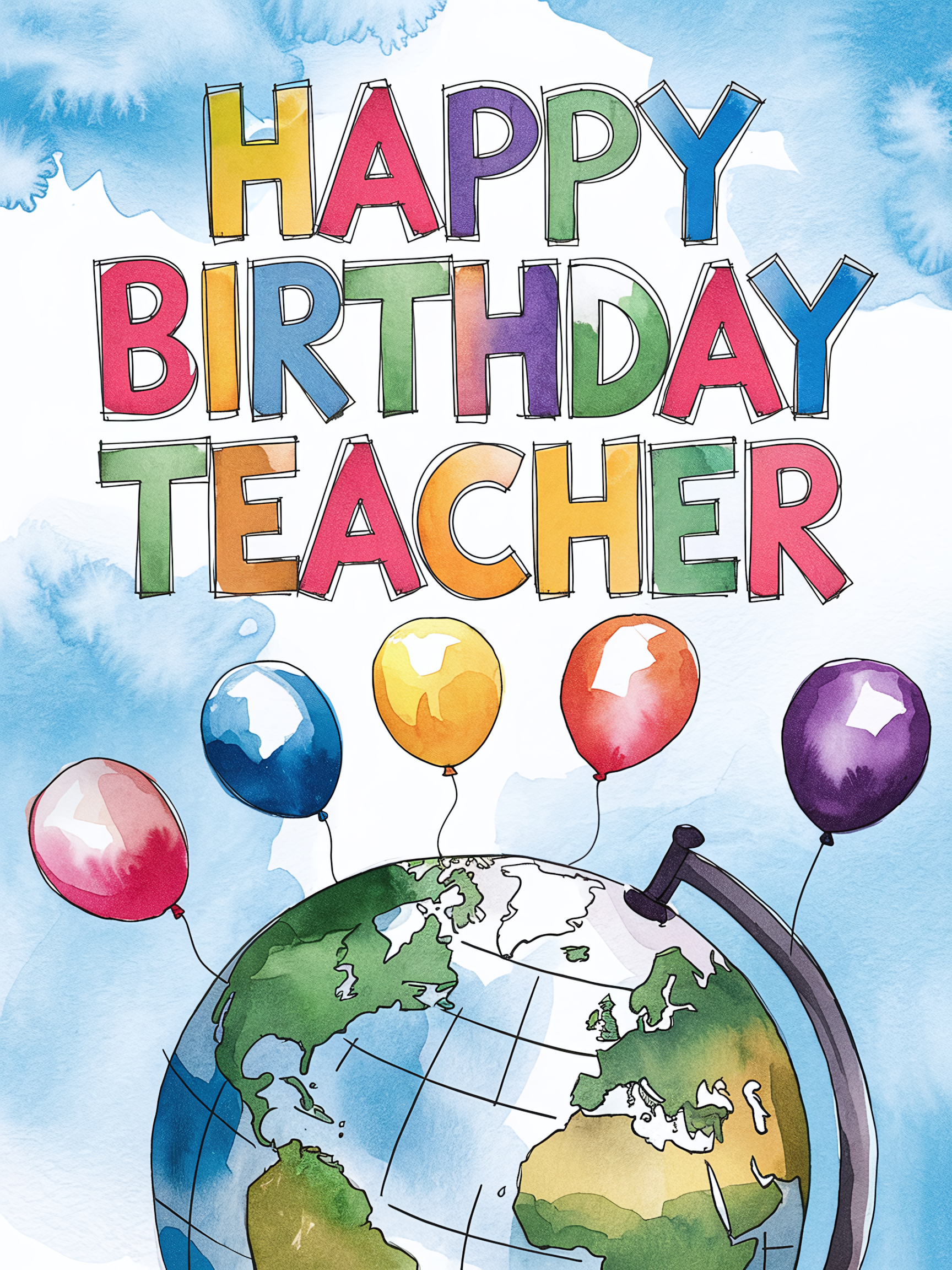Watercolor Happy Birthday Teacher Globe