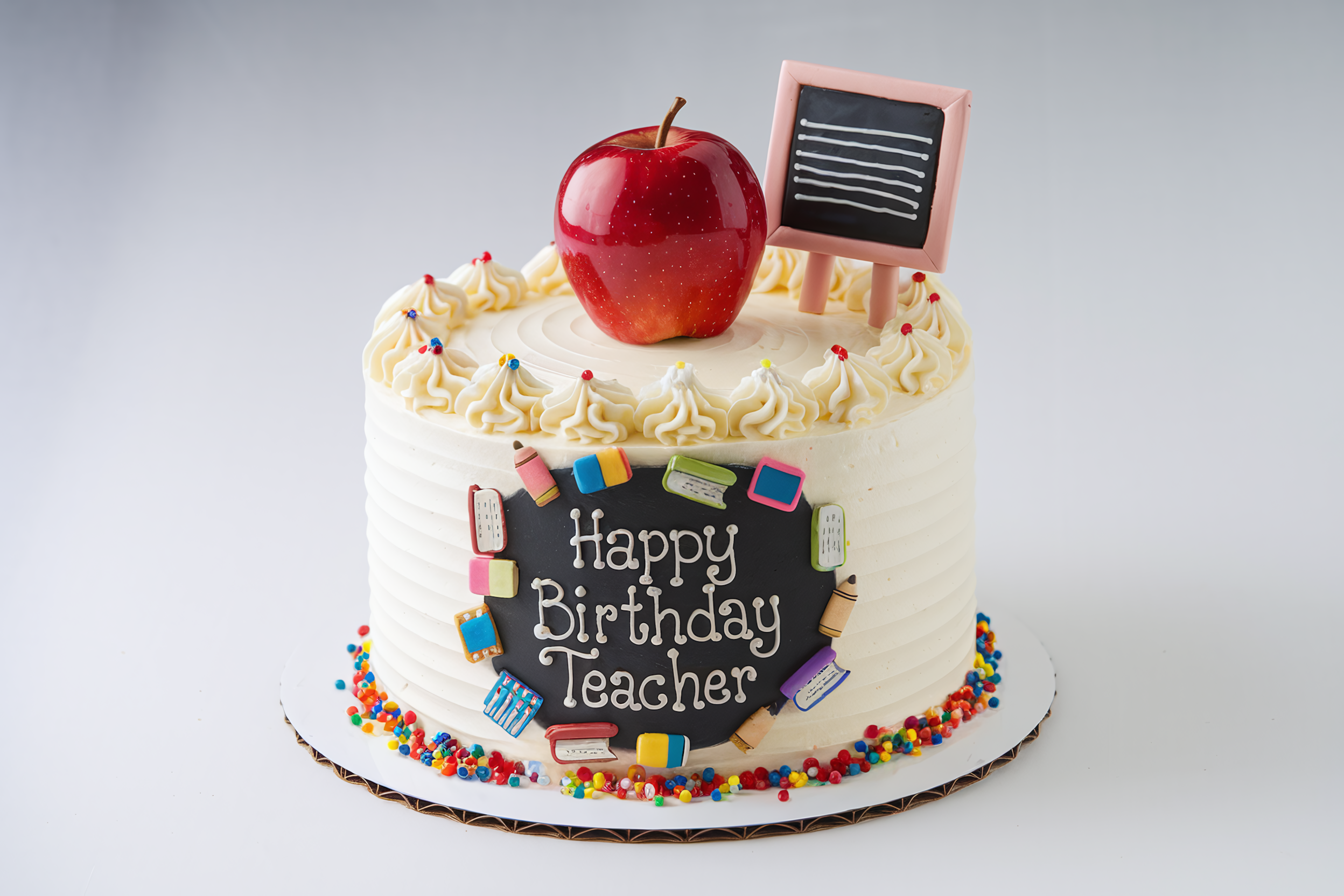 Happy Birthday Teacher Cake With Red Apple and Blackboard