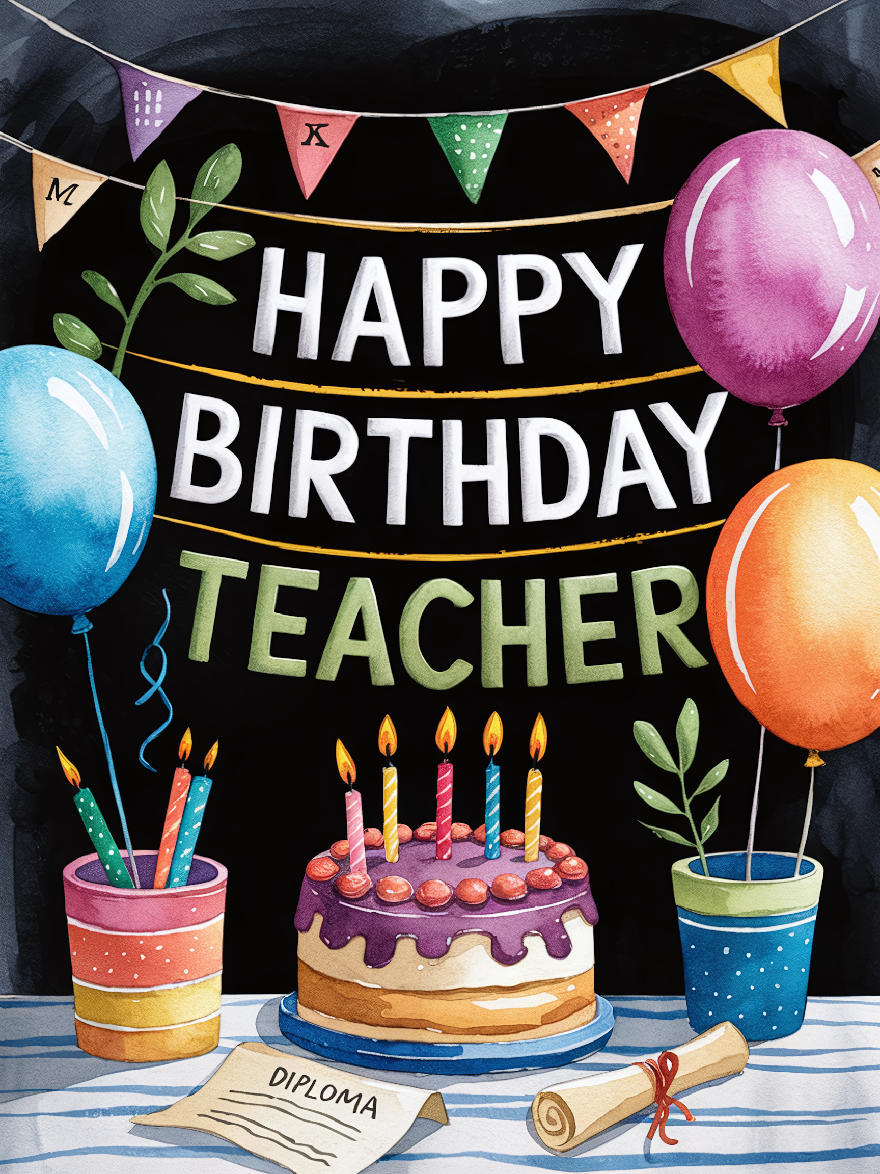 Happy Birthday Teacher Watercolor Illustration