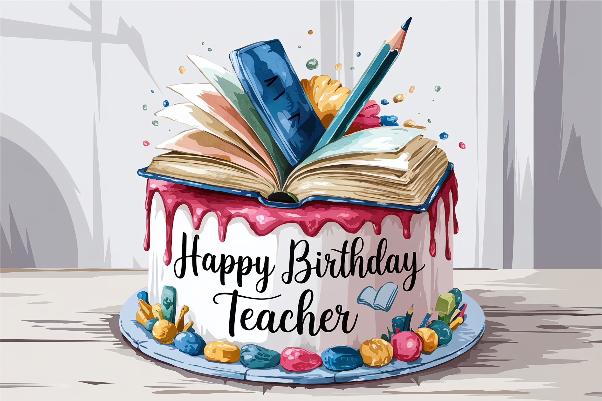 Happy Birthday Teacher Cake Illustration