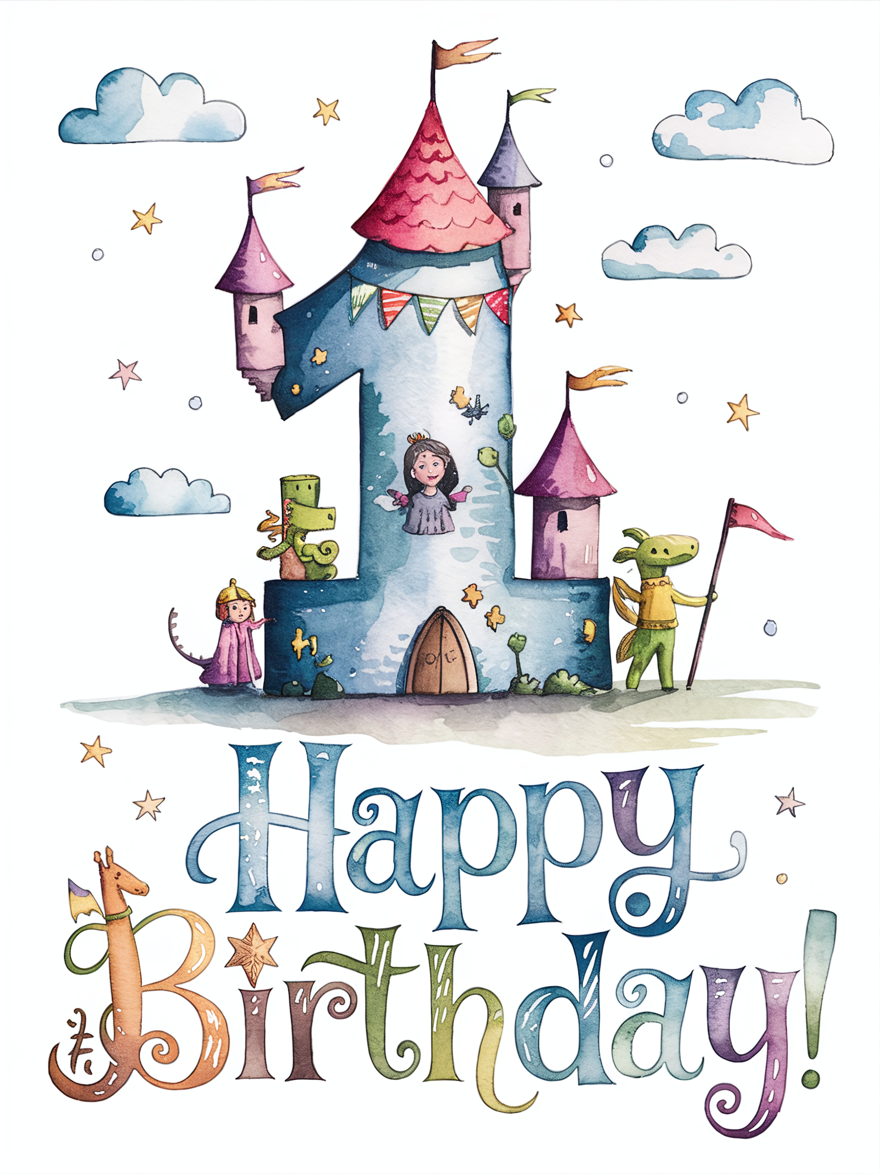 Watercolor First Birthday Castle Illustration