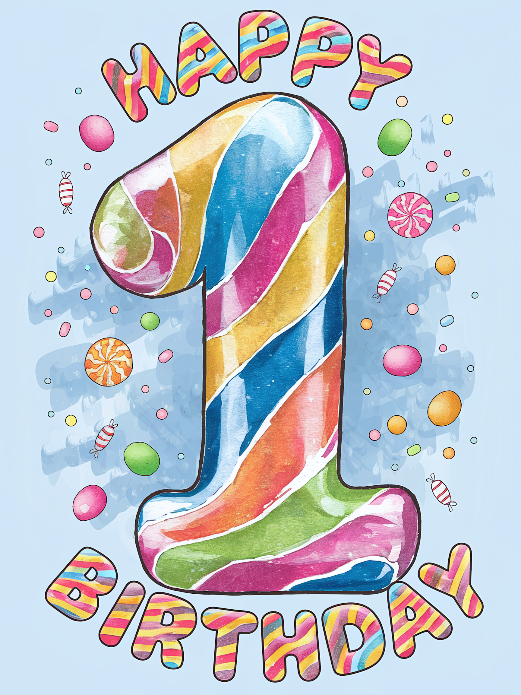 Happy First Birthday Watercolor Card Illustration