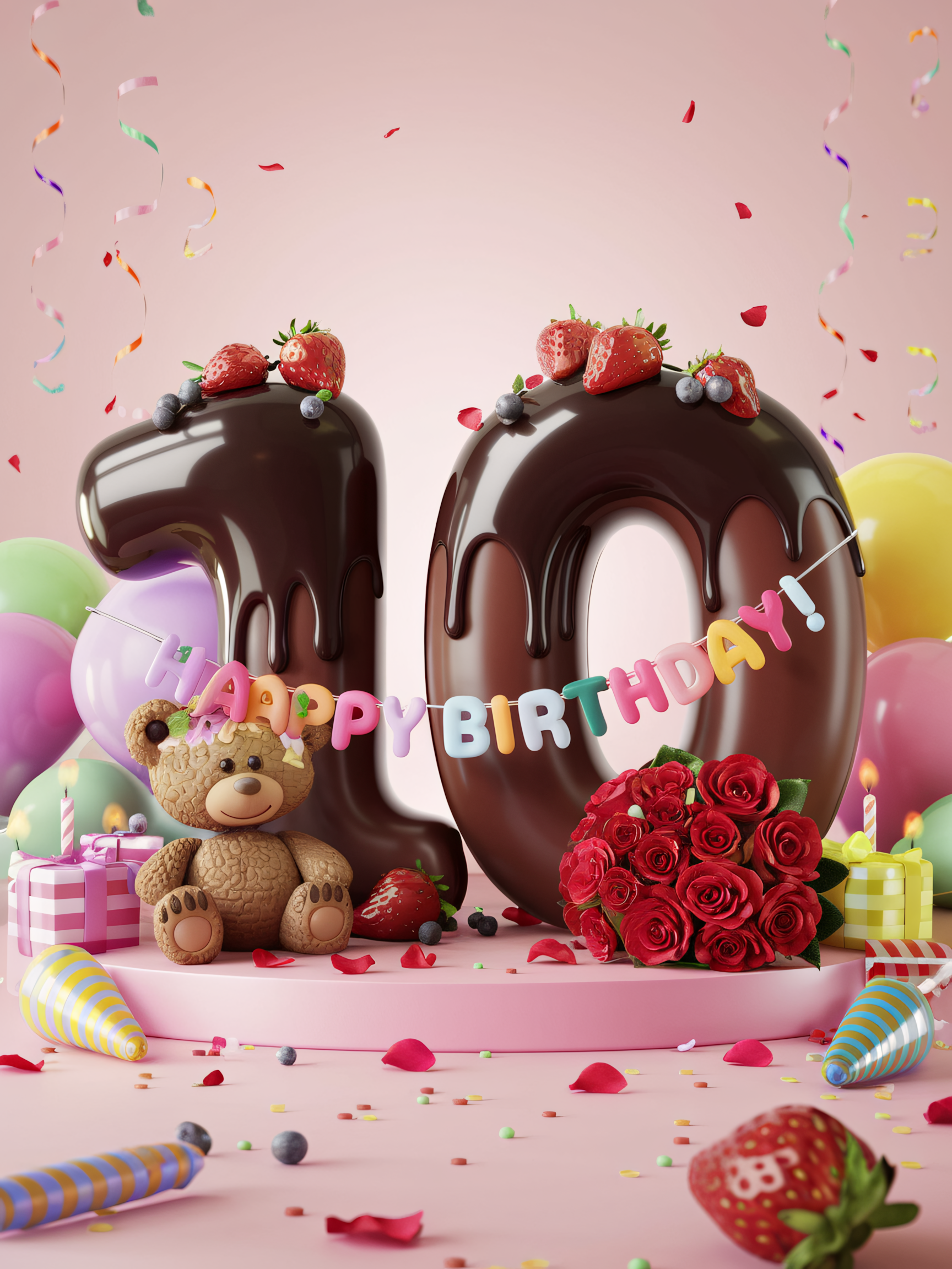 3D Render: Happy 10th Birthday Chocolate Cake Scene with Teddy Bear and Roses