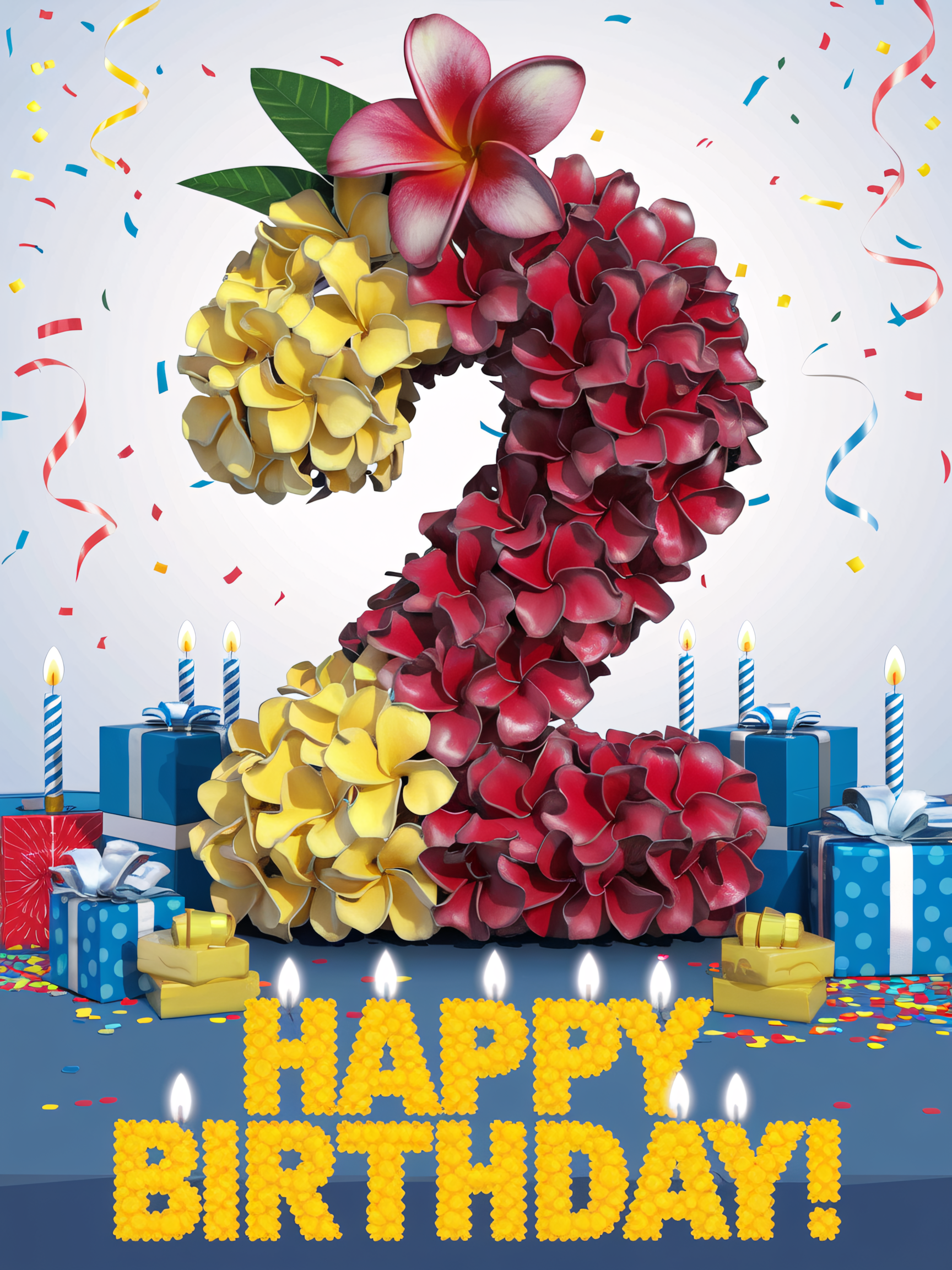 Happy 2nd Birthday Floral Number Two with Gifts and Candles