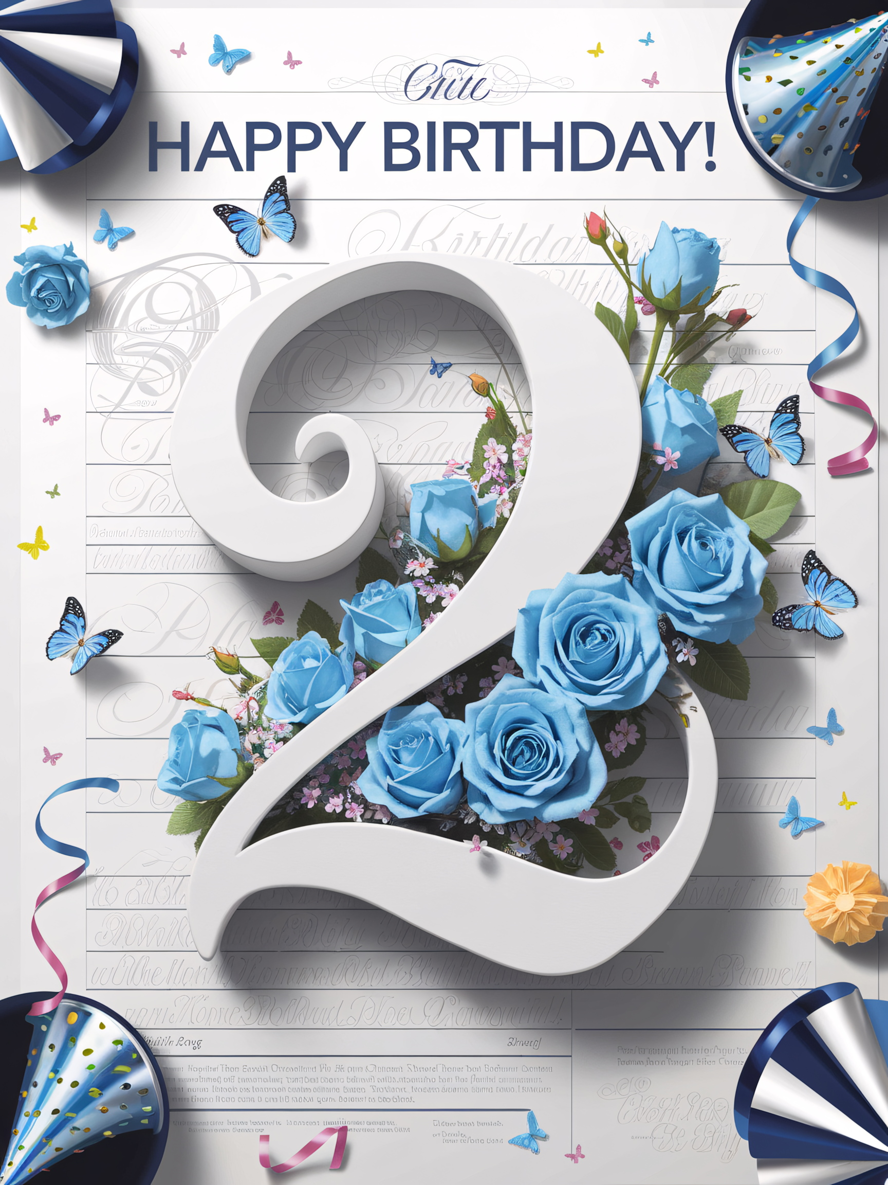 Elegant Second Birthday Card with 3D Number Two and Blue Roses