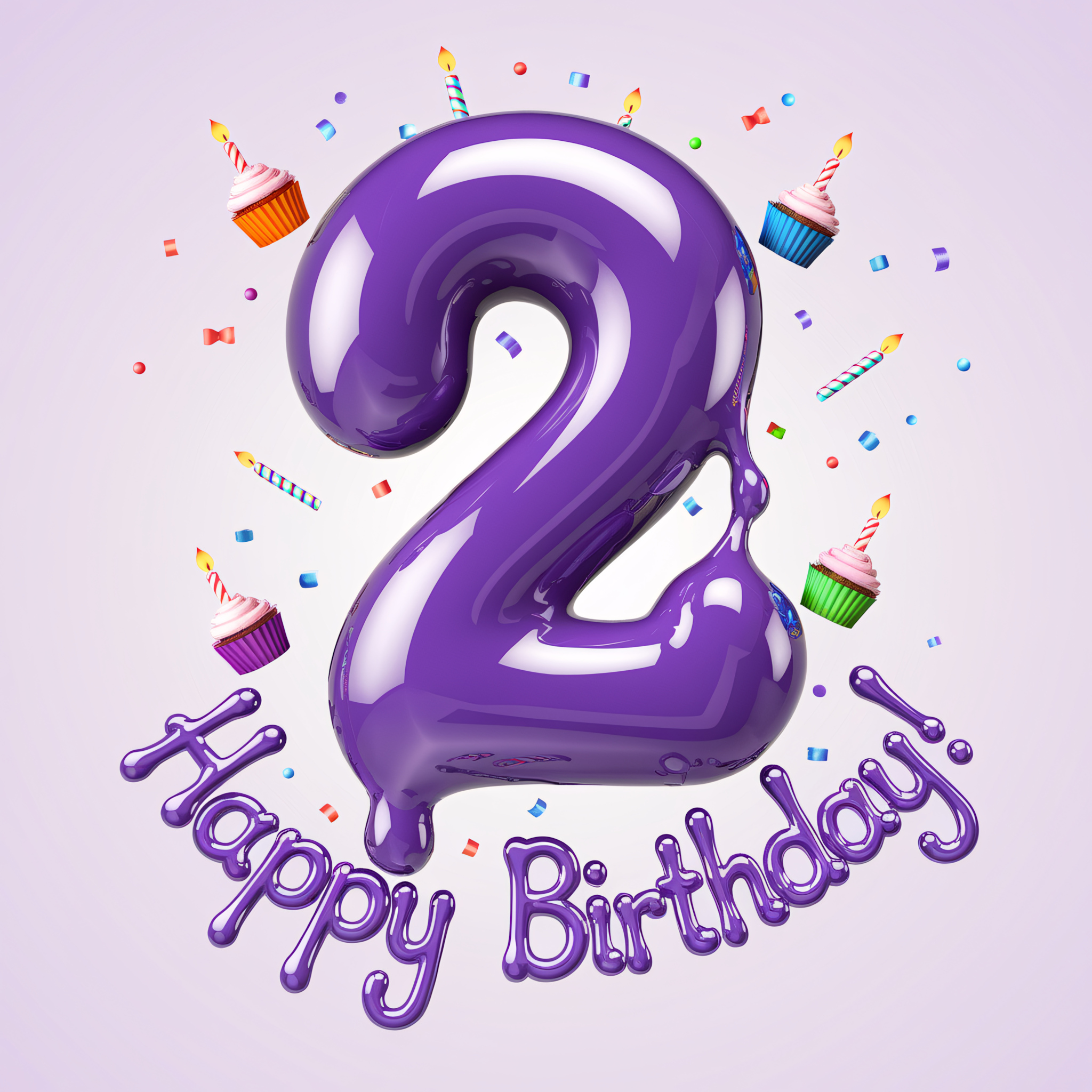 Happy 2nd Birthday! 3D Render of Number Two with Cupcakes and Confetti