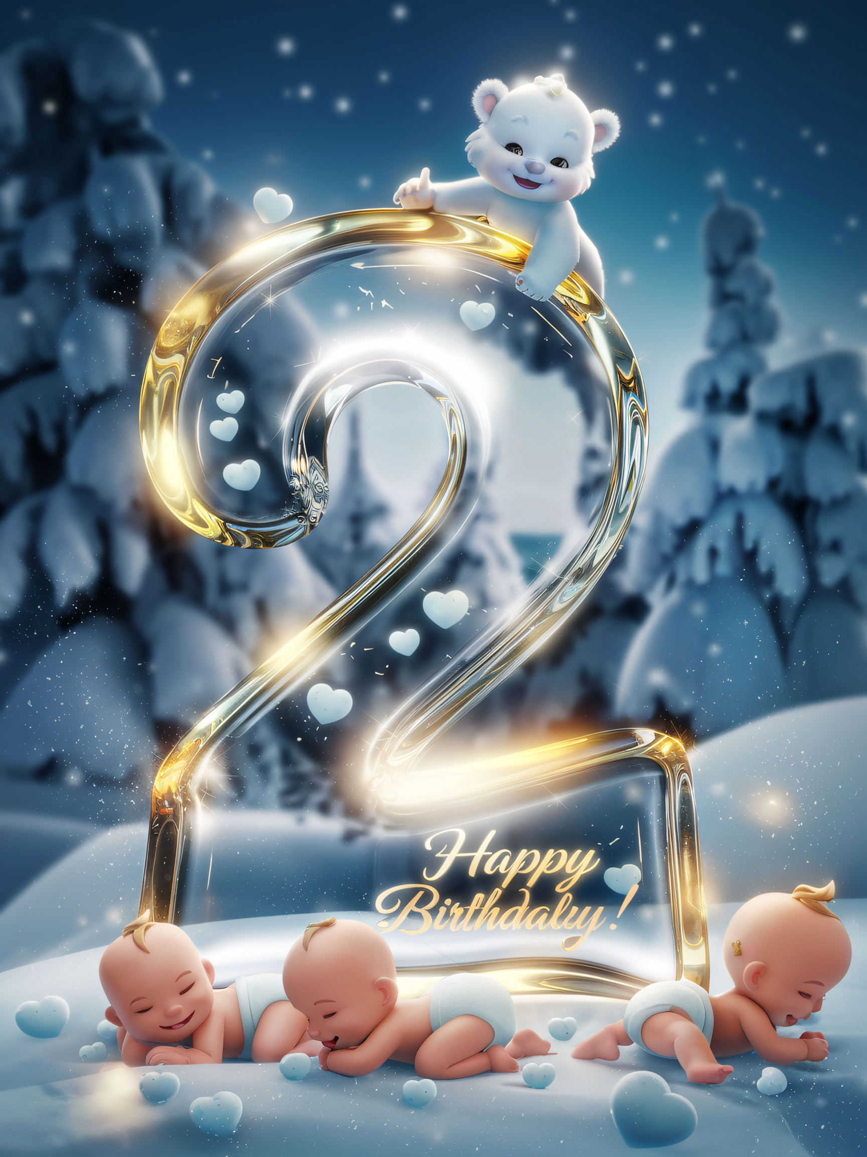 Happy 2nd Birthday Winter Scene with Cute Babies and Polar Bear