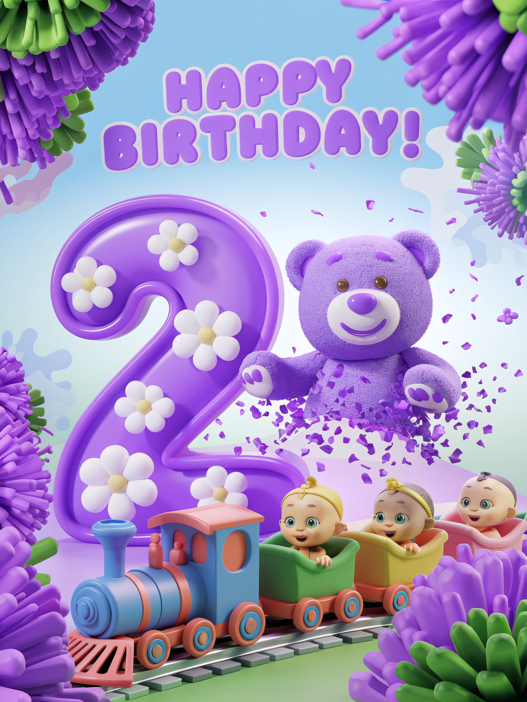 Happy 2nd Birthday! 3D Render of Playful Birthday Scene