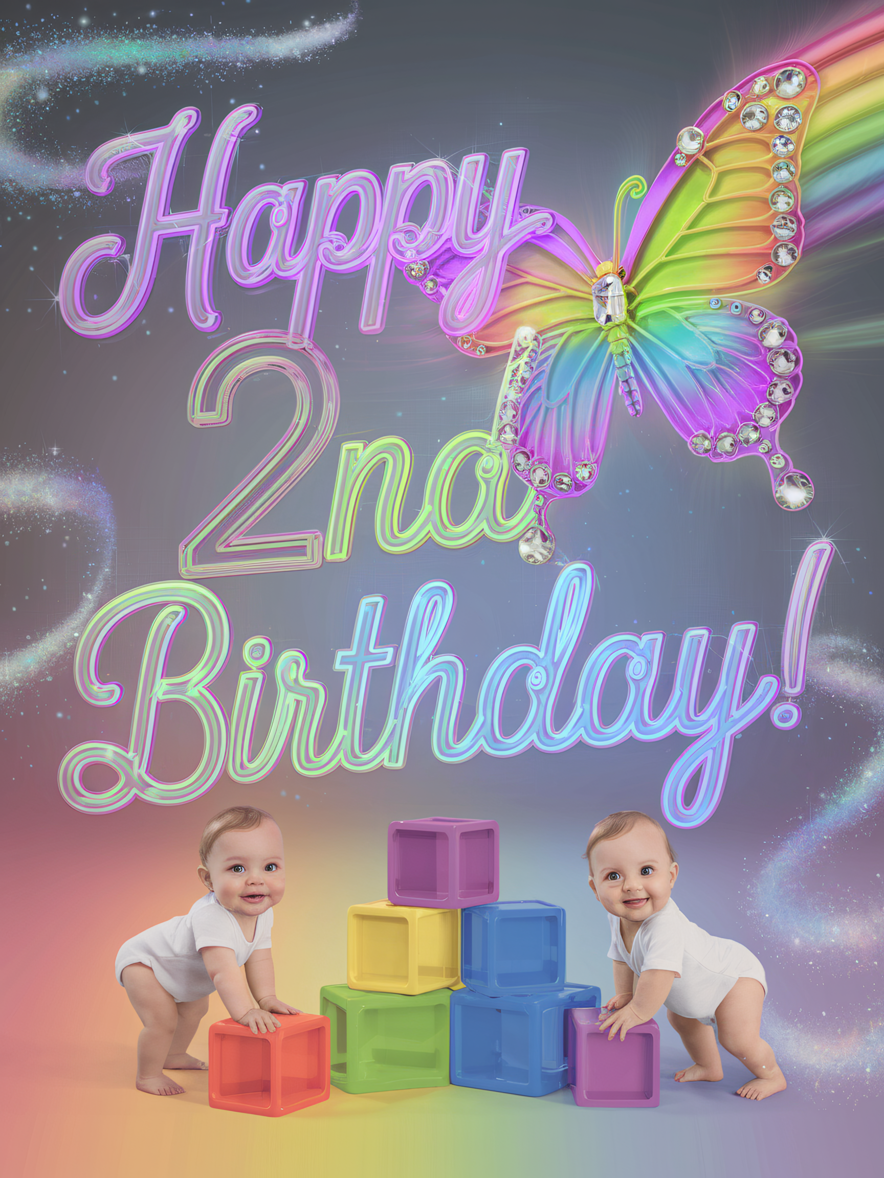 Happy 2nd Birthday Twins with Rainbow Butterfly
