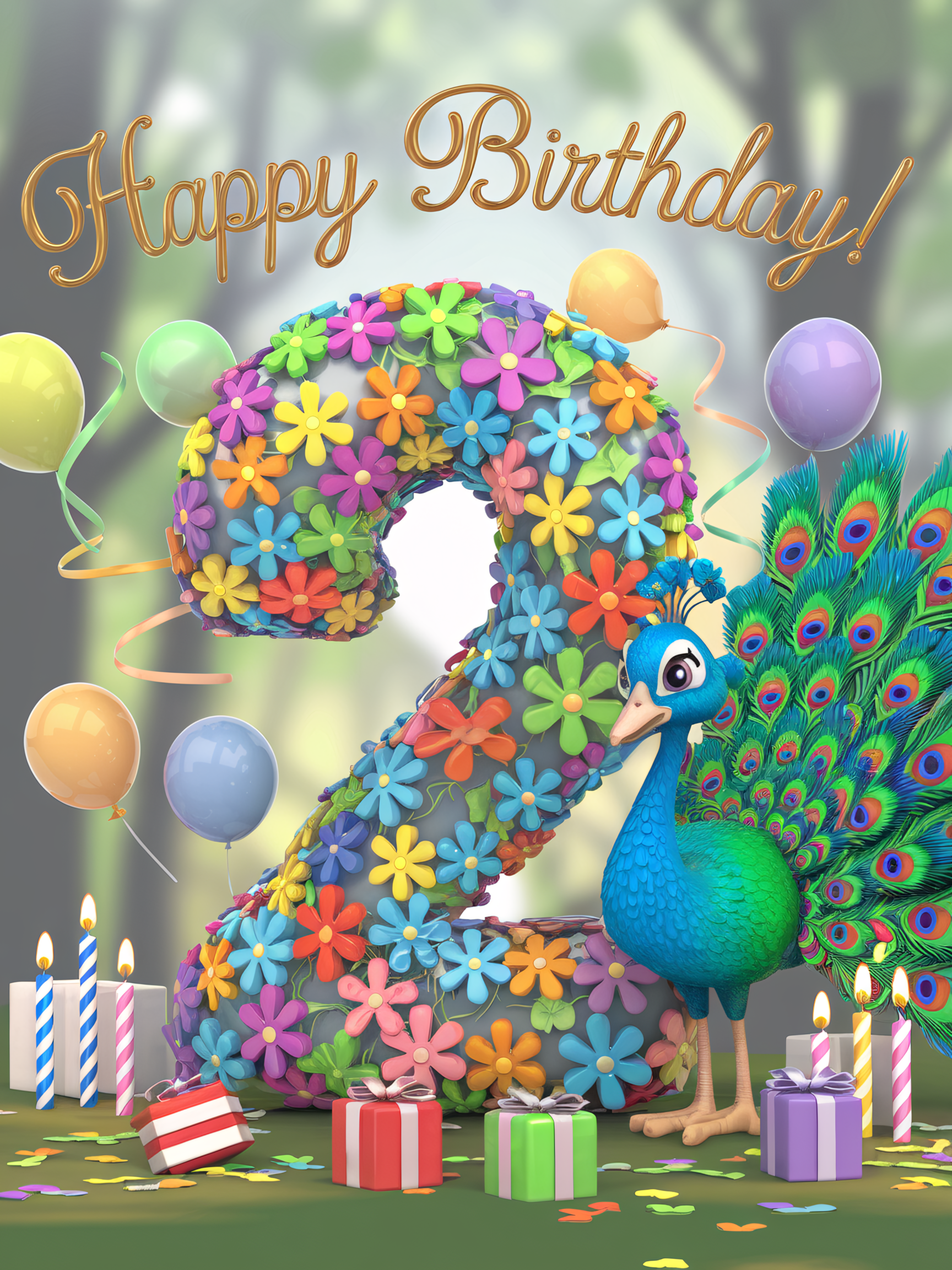 Second Birthday Floral Number Two with Peacock
