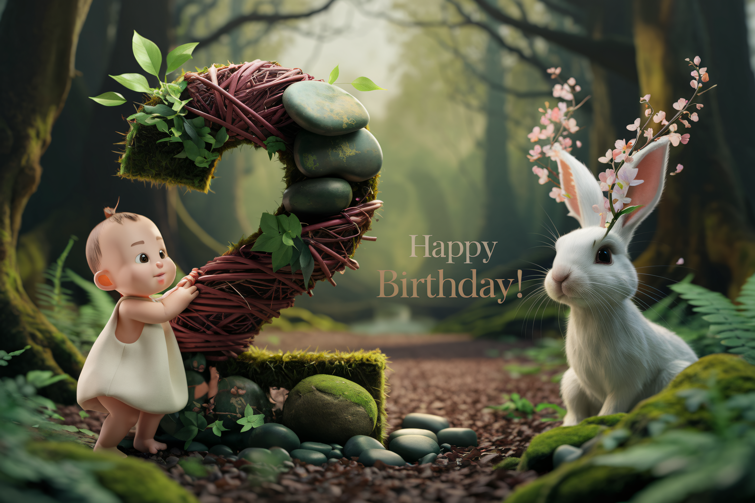 Whimsical Second Birthday: 3D Render of Baby, Bunny, and Nature Number Two