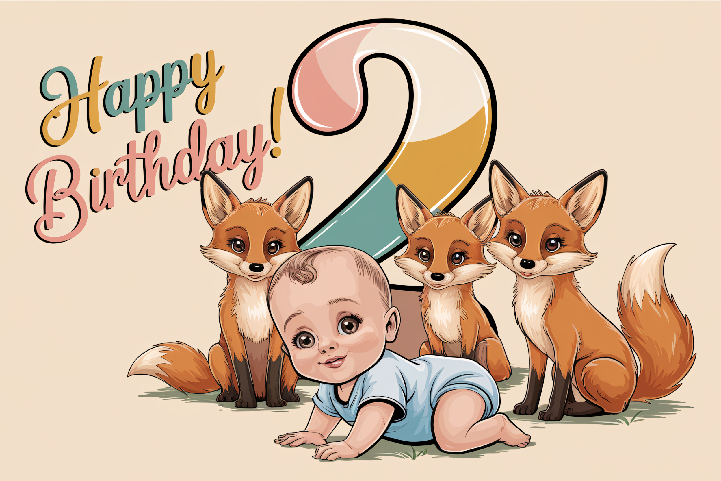 Happy 2nd Birthday Baby Boy with Foxes Illustration