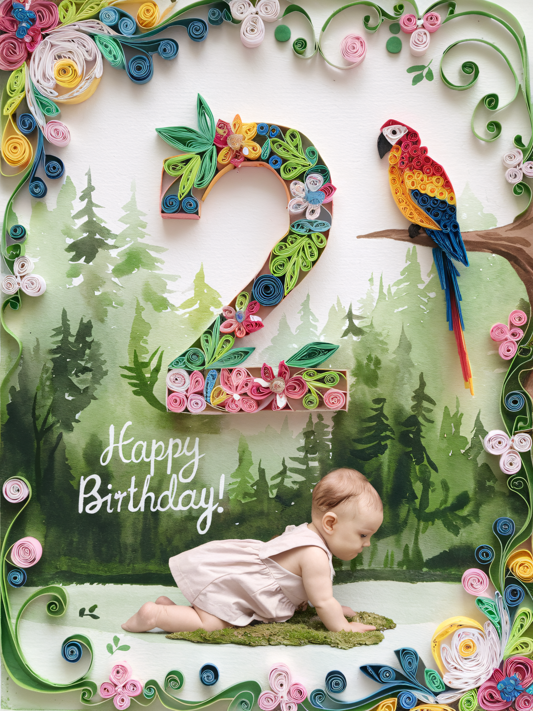 Second Birthday Watercolor Paper Art with Baby and Parrot