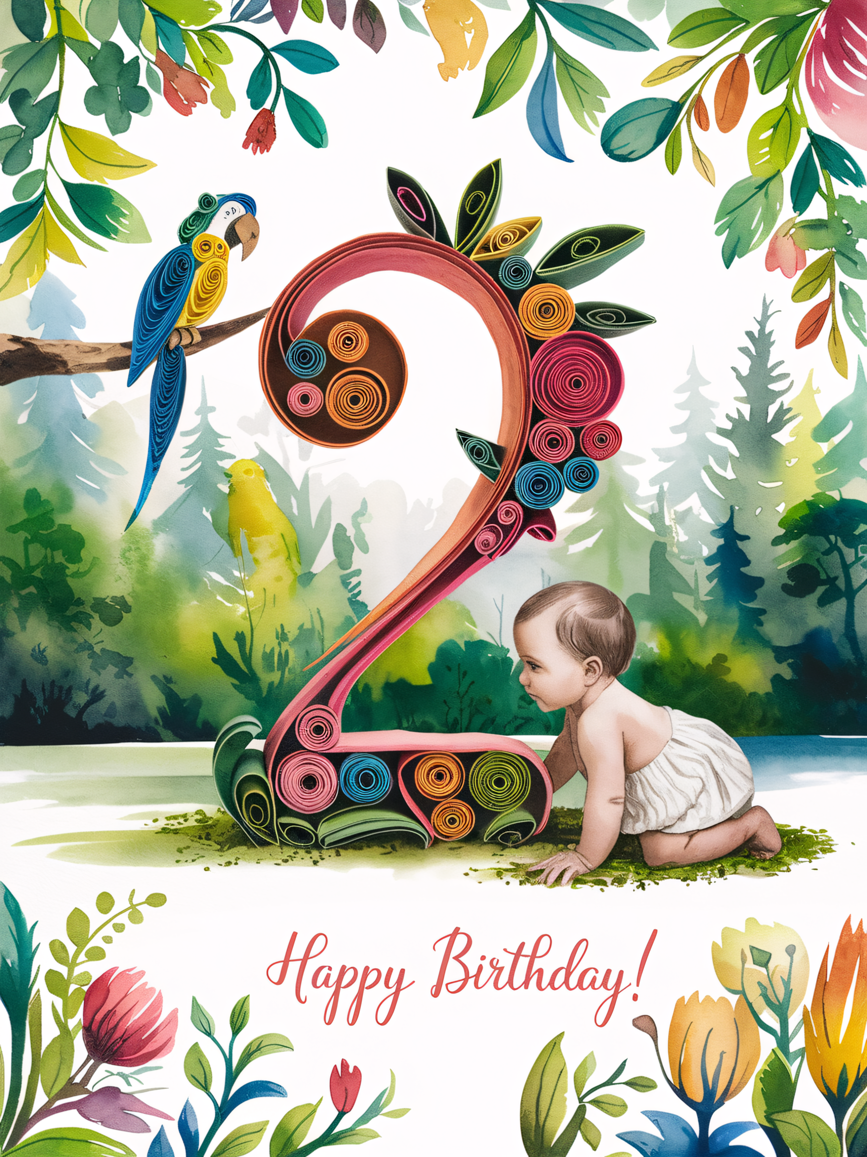 Watercolor Second Birthday Card with Baby and Parrot