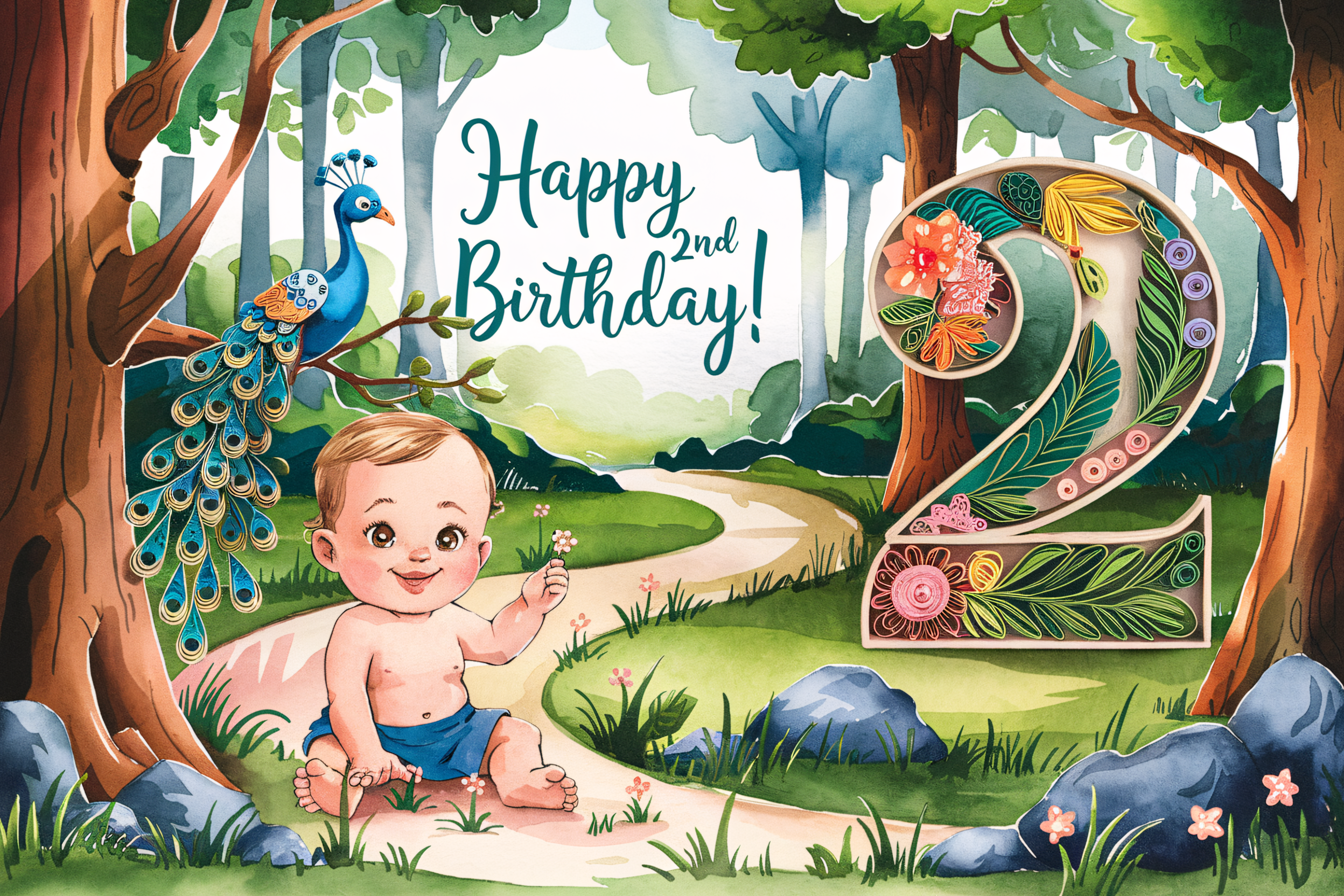 Happy 2nd Birthday Watercolor Card