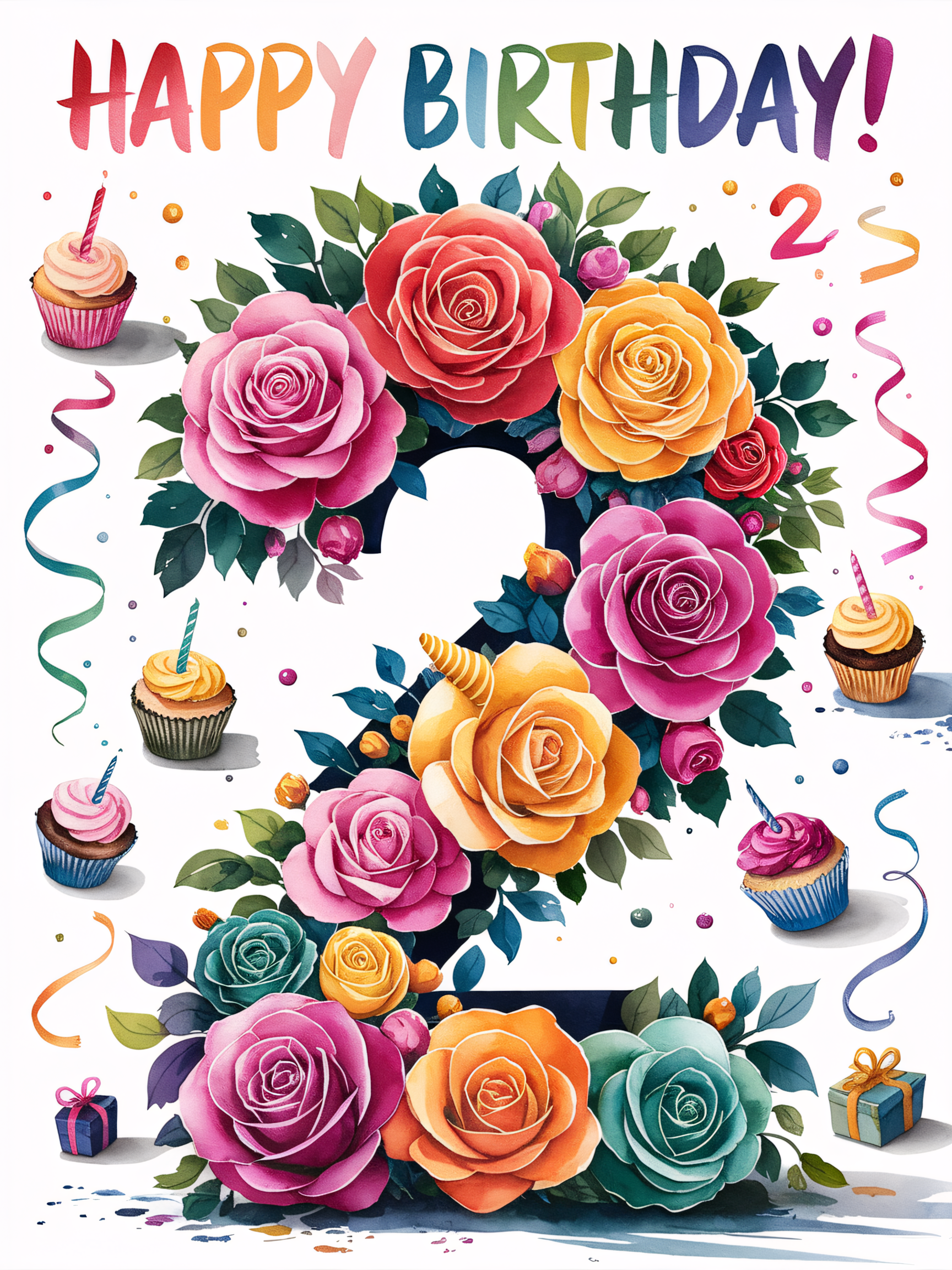 Watercolor Floral Number Two Birthday Card