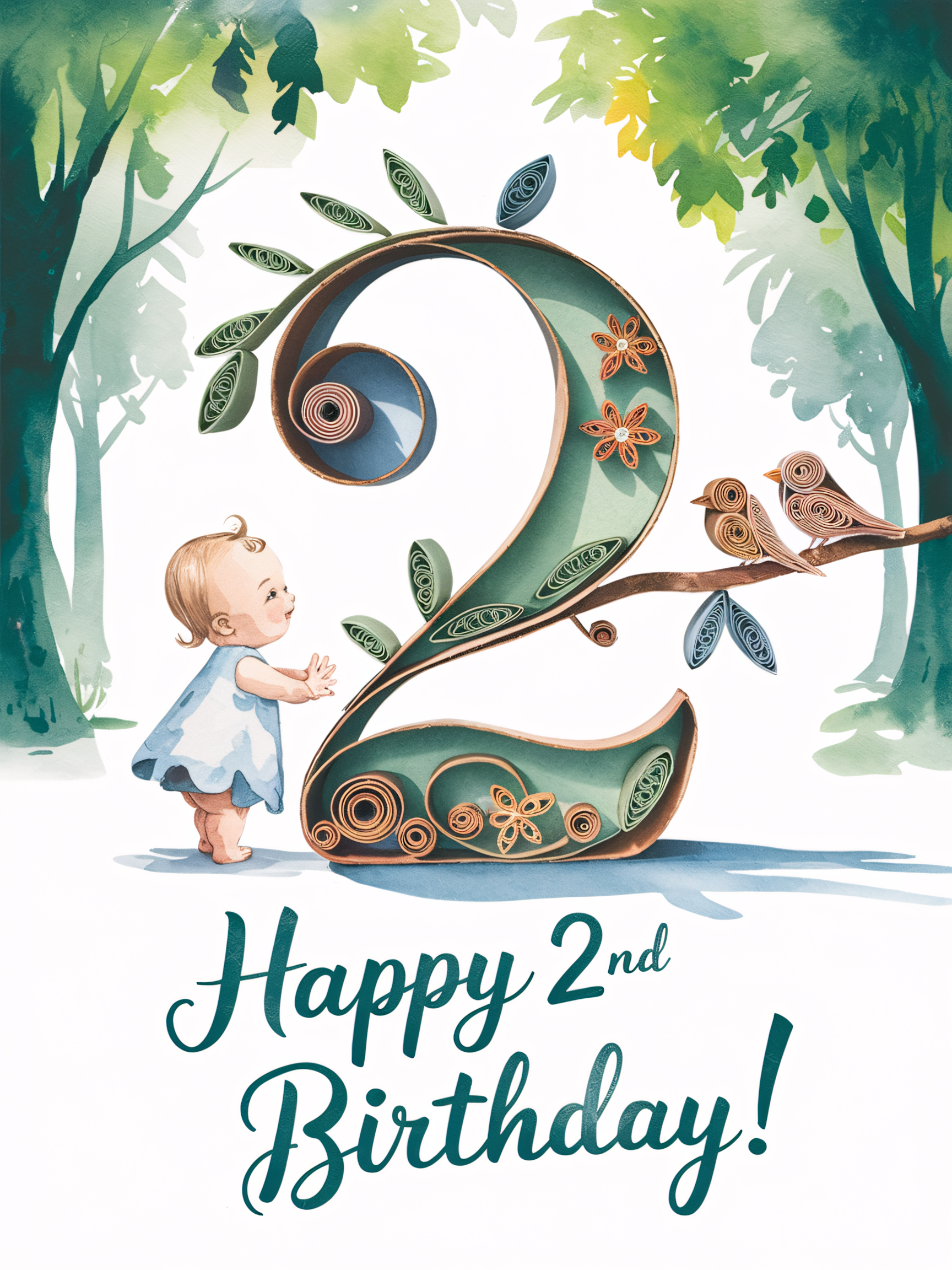 Watercolor Paper Quilling Art Happy 2nd Birthday Card