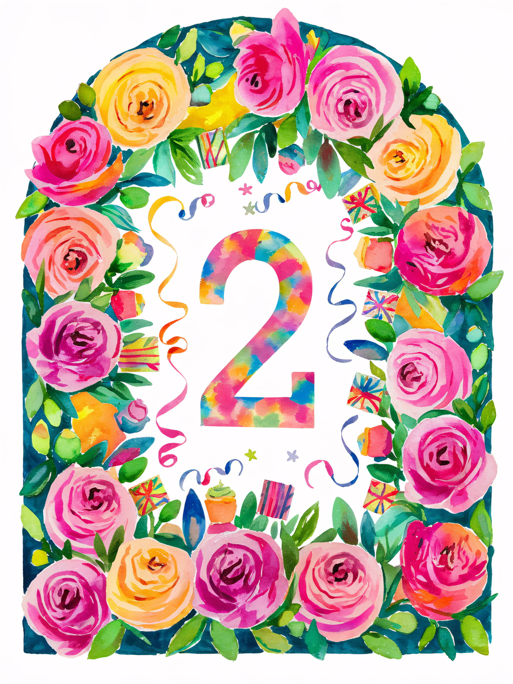 Watercolor Floral Number Two Birthday Card