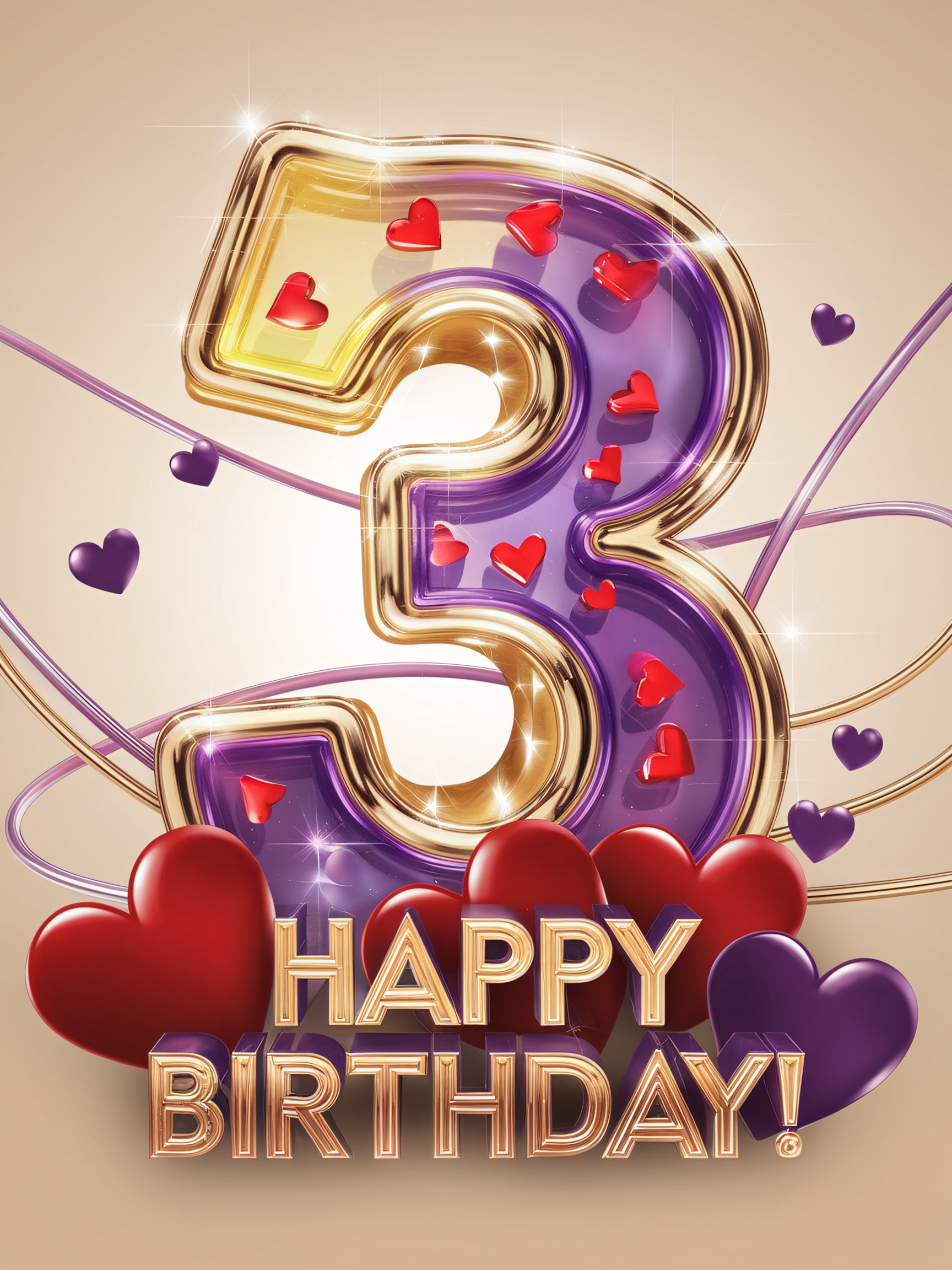 3rd Birthday Celebration:  Glamorous 3D Number with Hearts