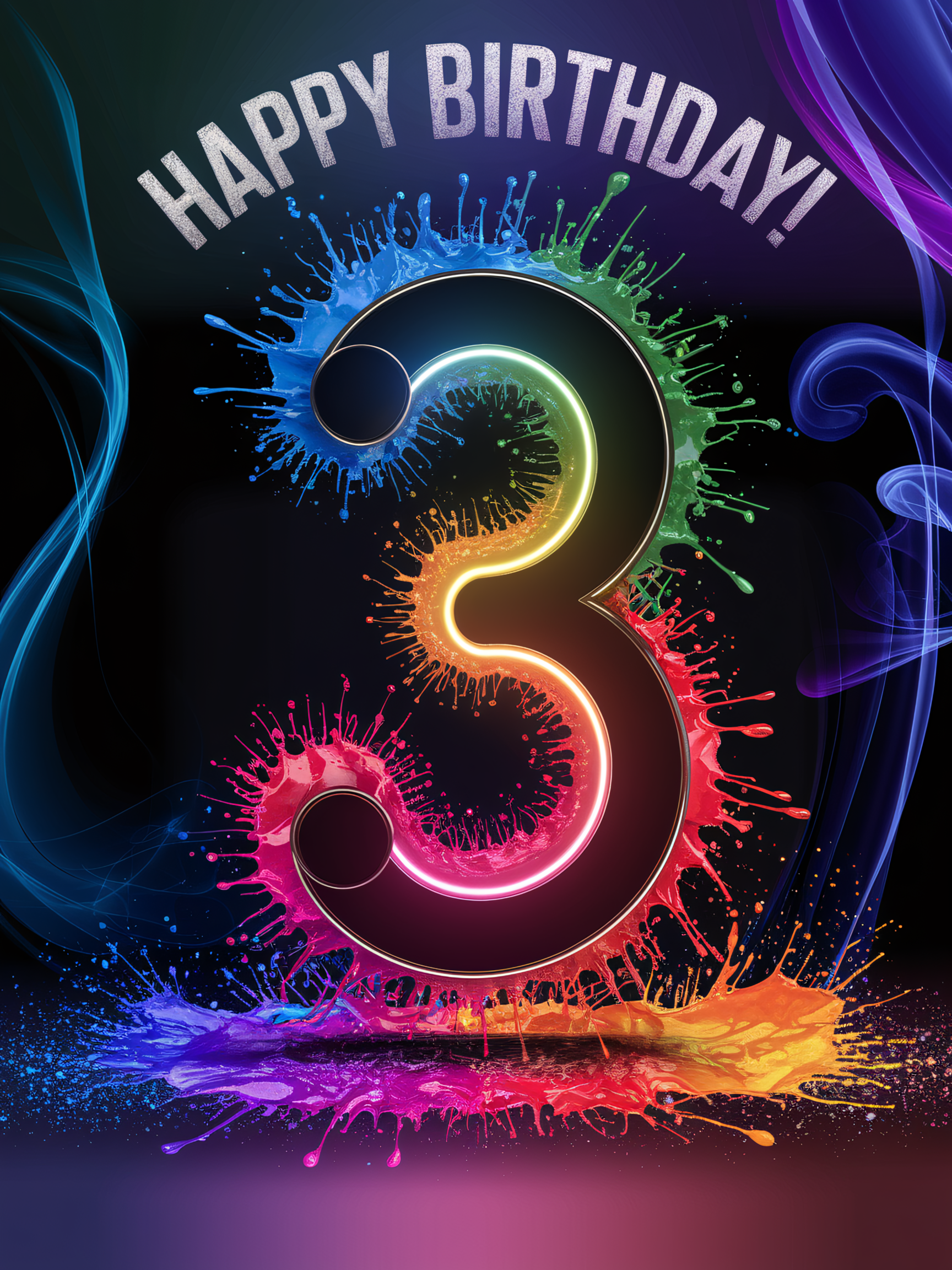Happy 3rd Birthday Neon Number Three with Paint Splatter