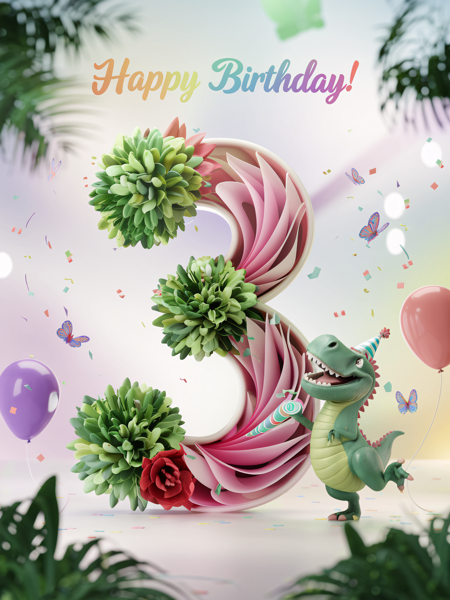 3rd Birthday Floral Number with Dinosaur