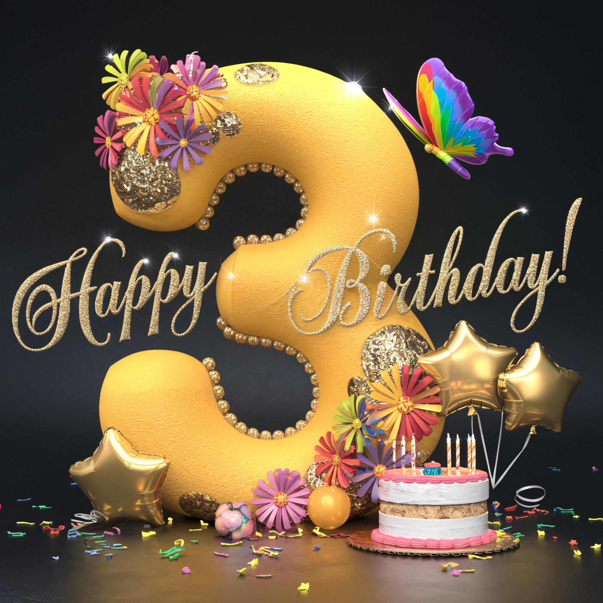 Happy 3rd Birthday! Festive 3D Render