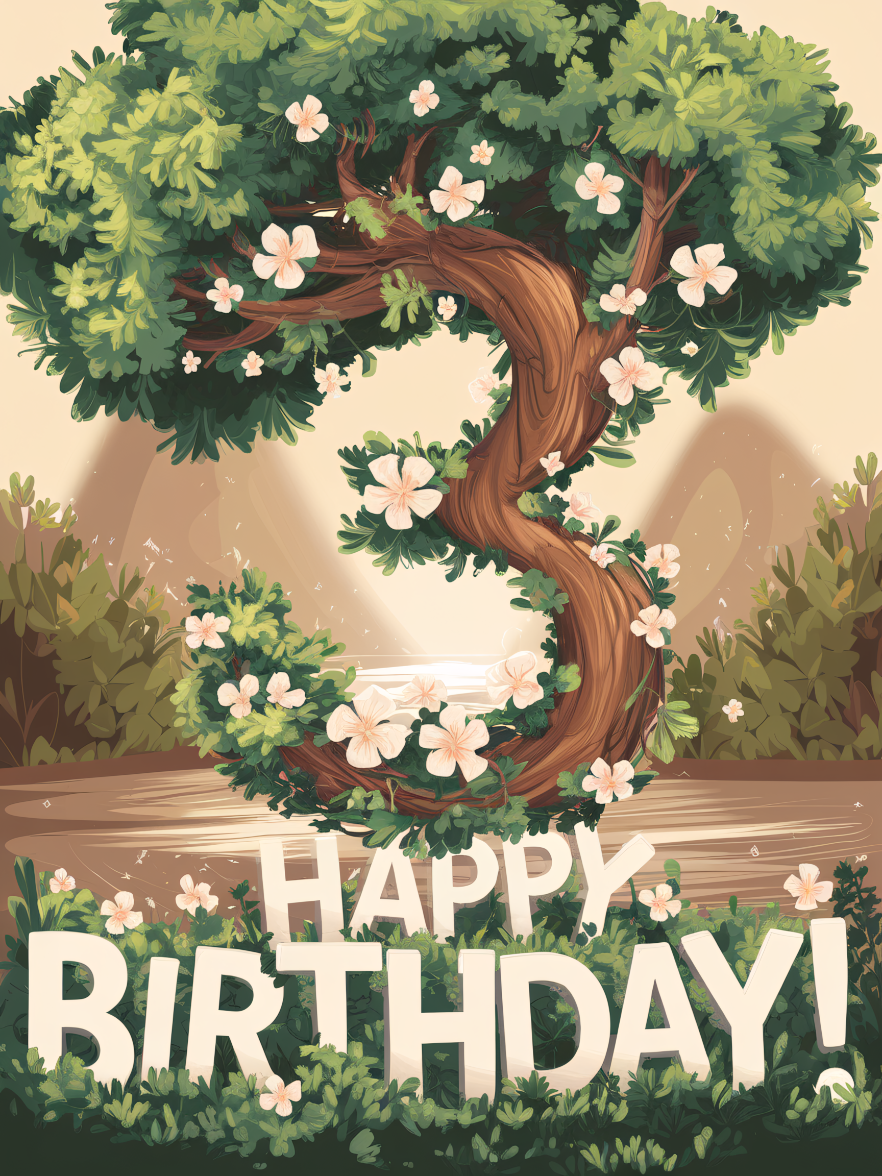 Whimsical Tree Number Three Birthday Illustration