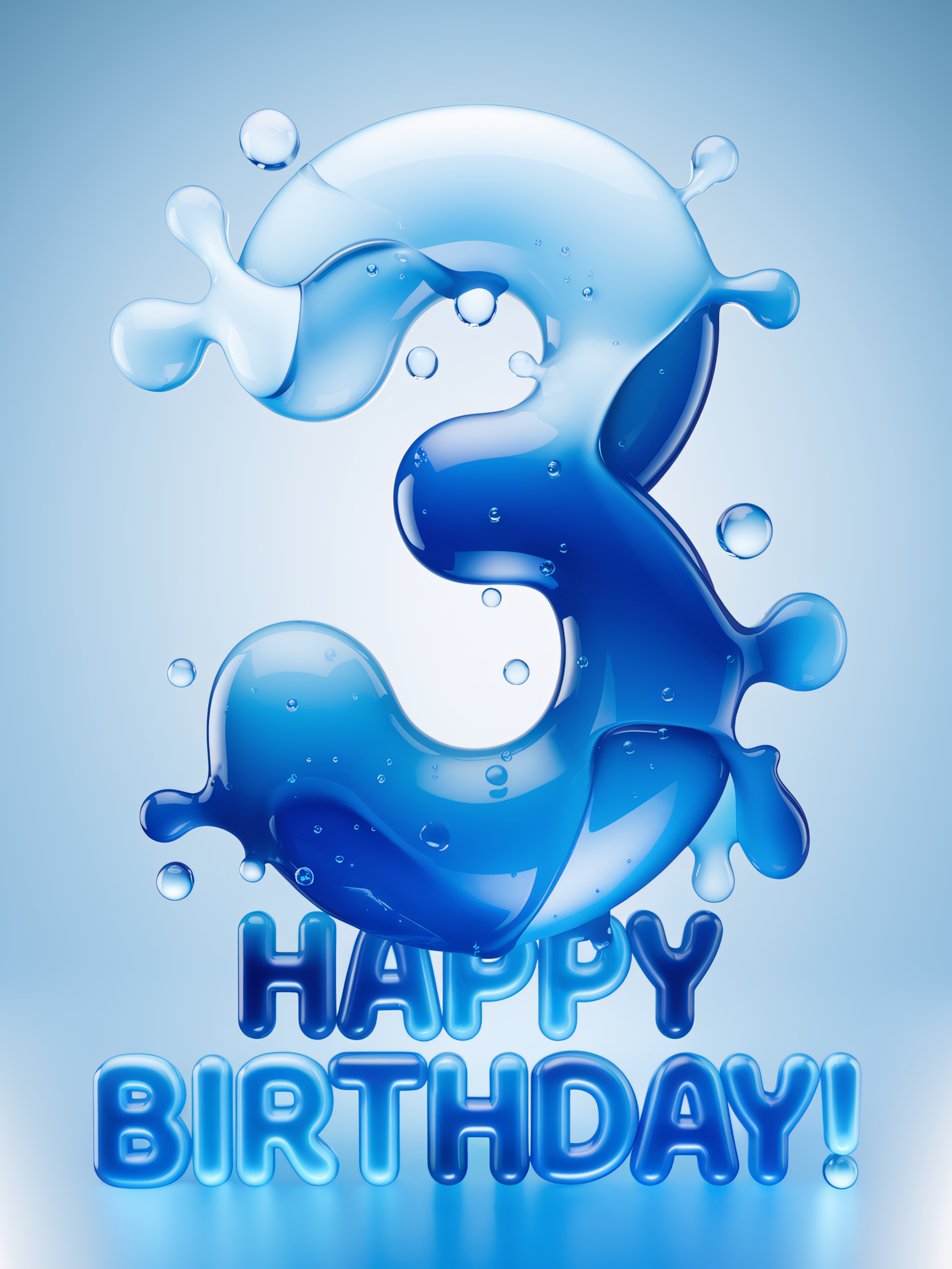 3D Water Splashes Happy Birthday Number Three