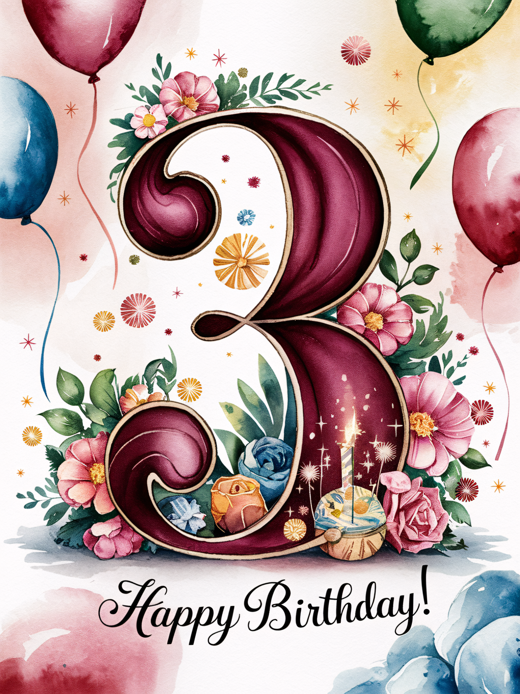 Watercolor Number Three Floral Birthday Card