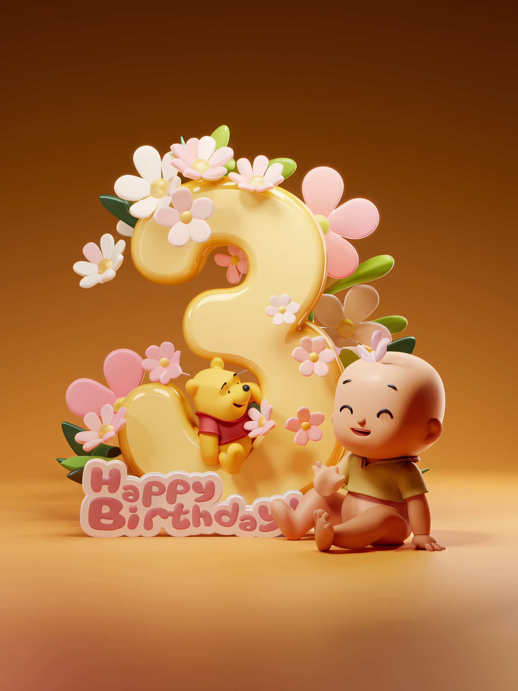 Adorable 3rd Birthday 3D Render
