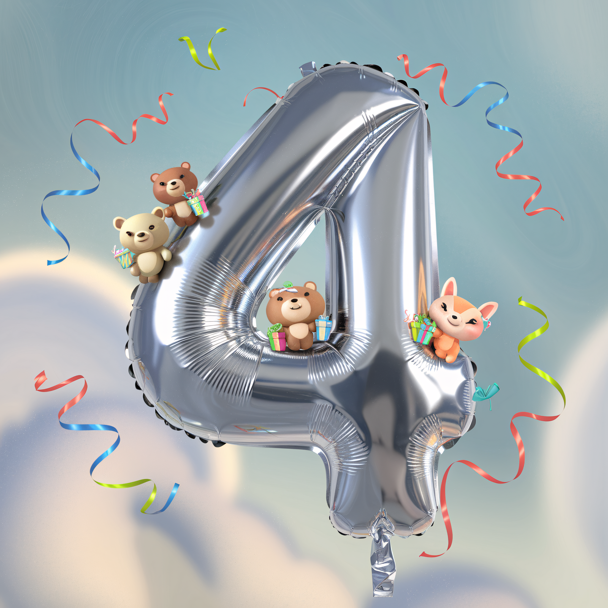 Fourth Birthday Celebration: Silver Balloon Number Four with Adorable Animals
