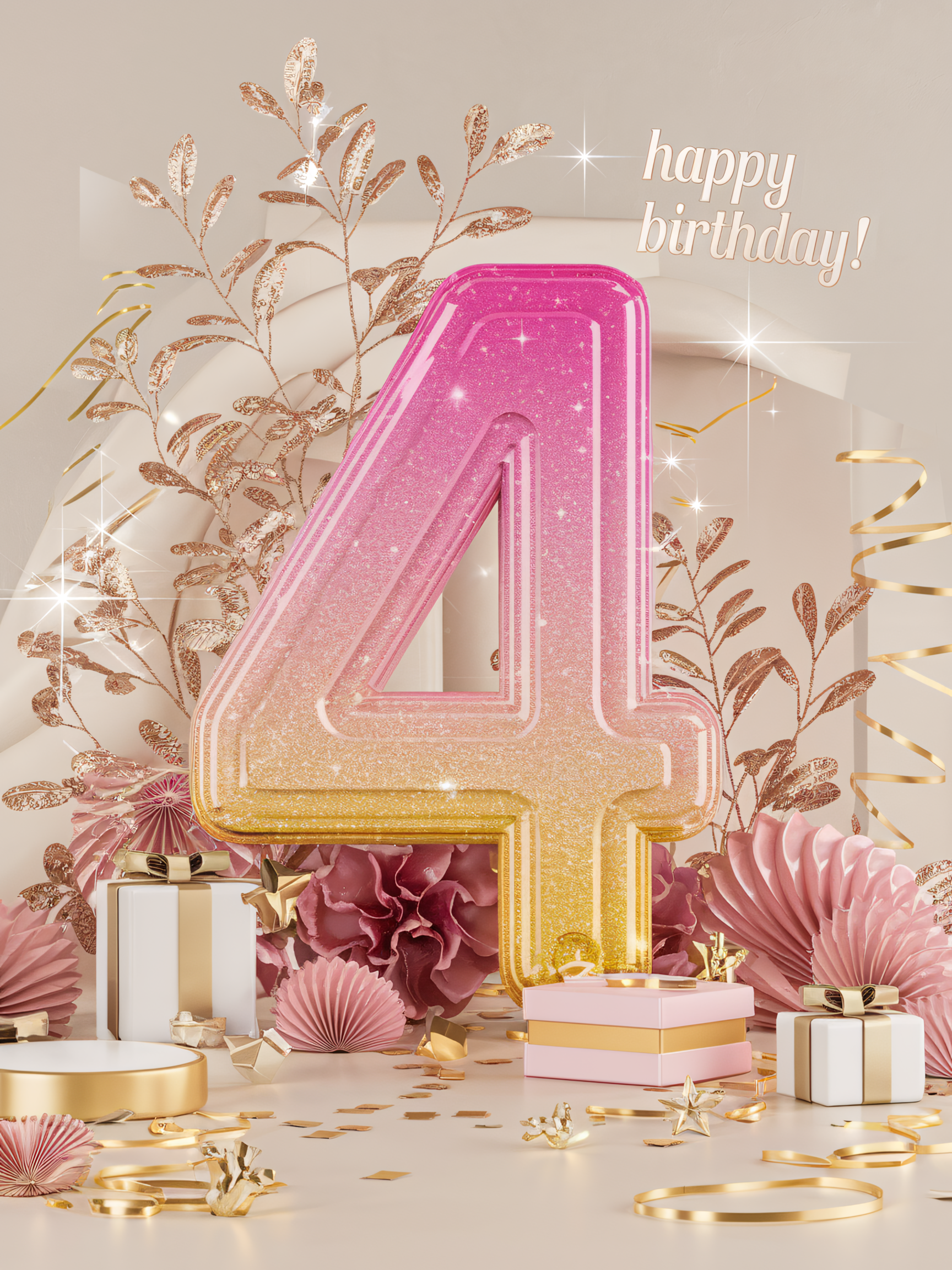 Sparkling Fourth Birthday: Pink and Gold Glitter Number Four