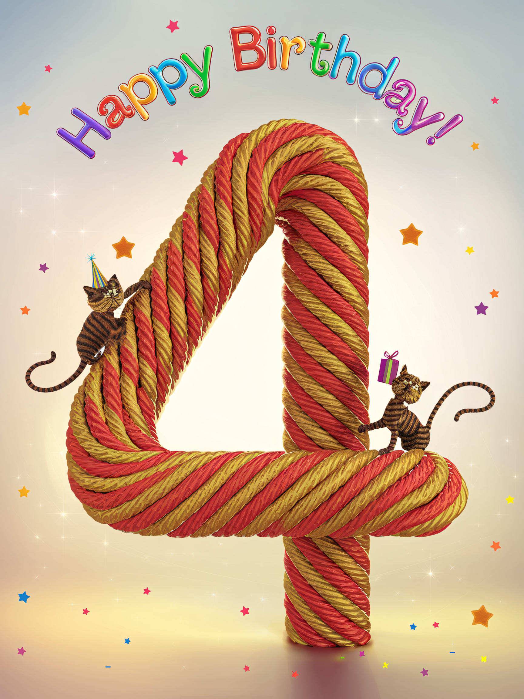Fourth Birthday Card with Cute Cats