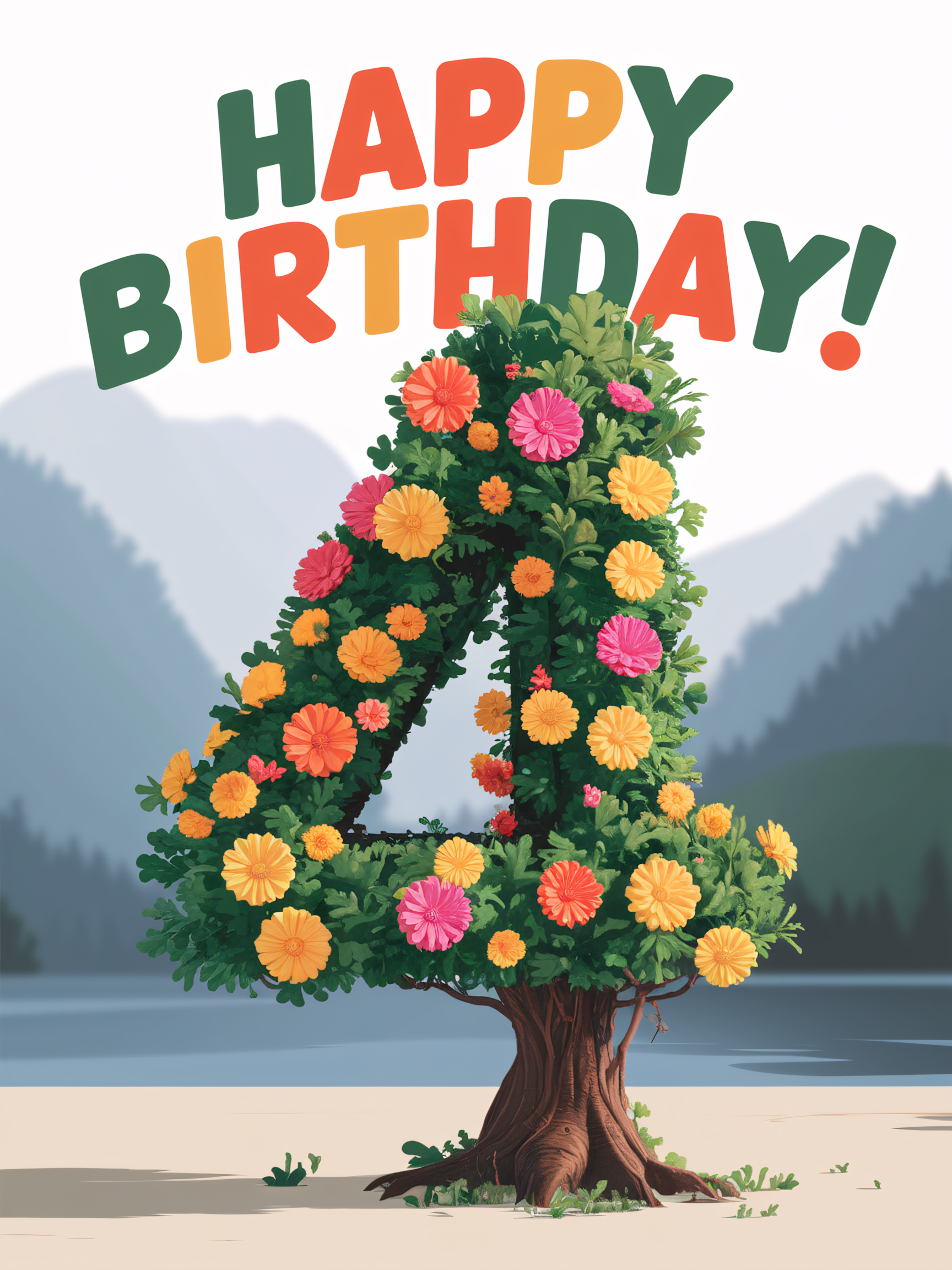 Happy 4th Birthday Floral Tree Illustration