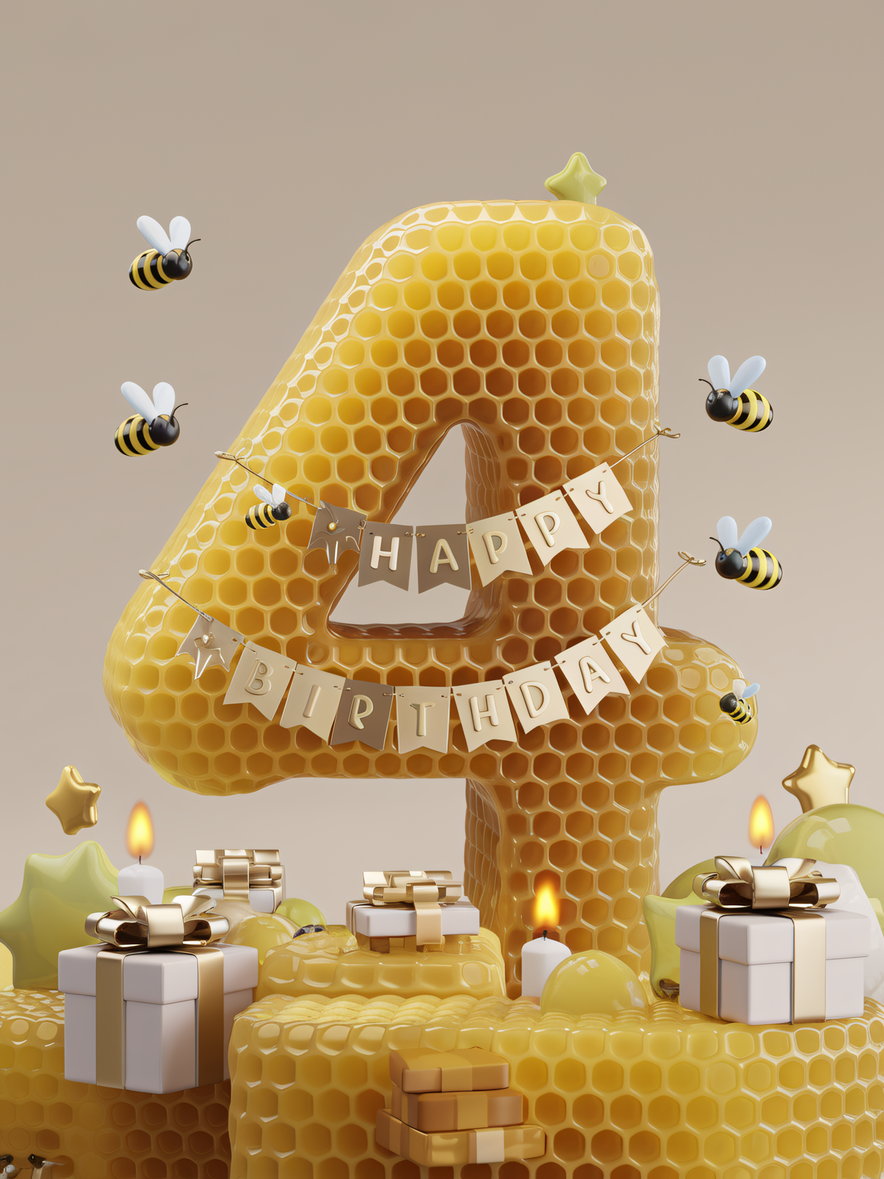 Honeycomb Number Four Birthday Cake