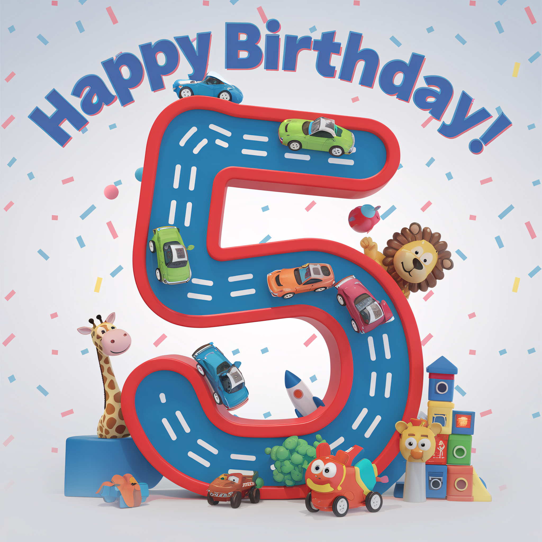 Happy 5th Birthday! Colorful 3D Render of Number Five with Toys